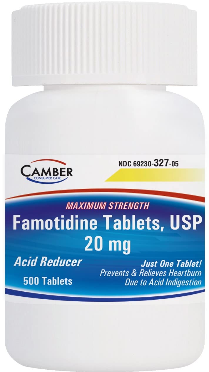 Camber Famotidina 20 mg – vista frontal de tabletas para reducir la acidez estomacal.