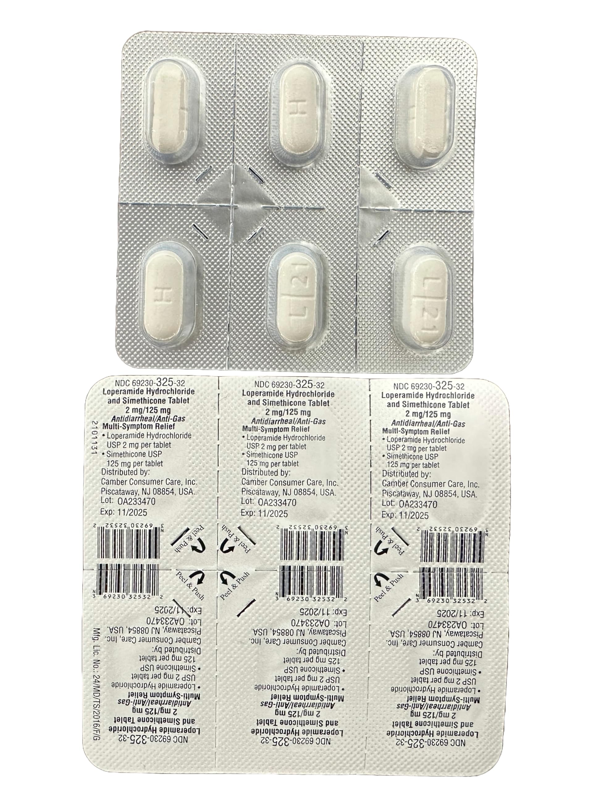 Camber Loperamide y Simeticona: logotipo Camber en envase confiable.