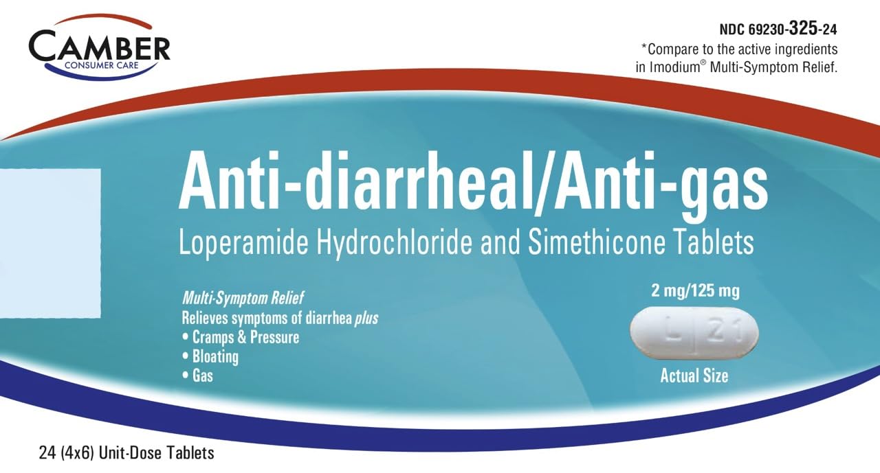Camber Loperamide y Simeticona: caja del producto para alivio multi-síntomas.