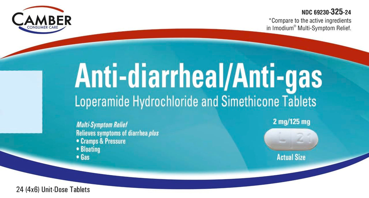 Camber Loperamide y Simeticona: caja del producto para alivio multi-síntomas.