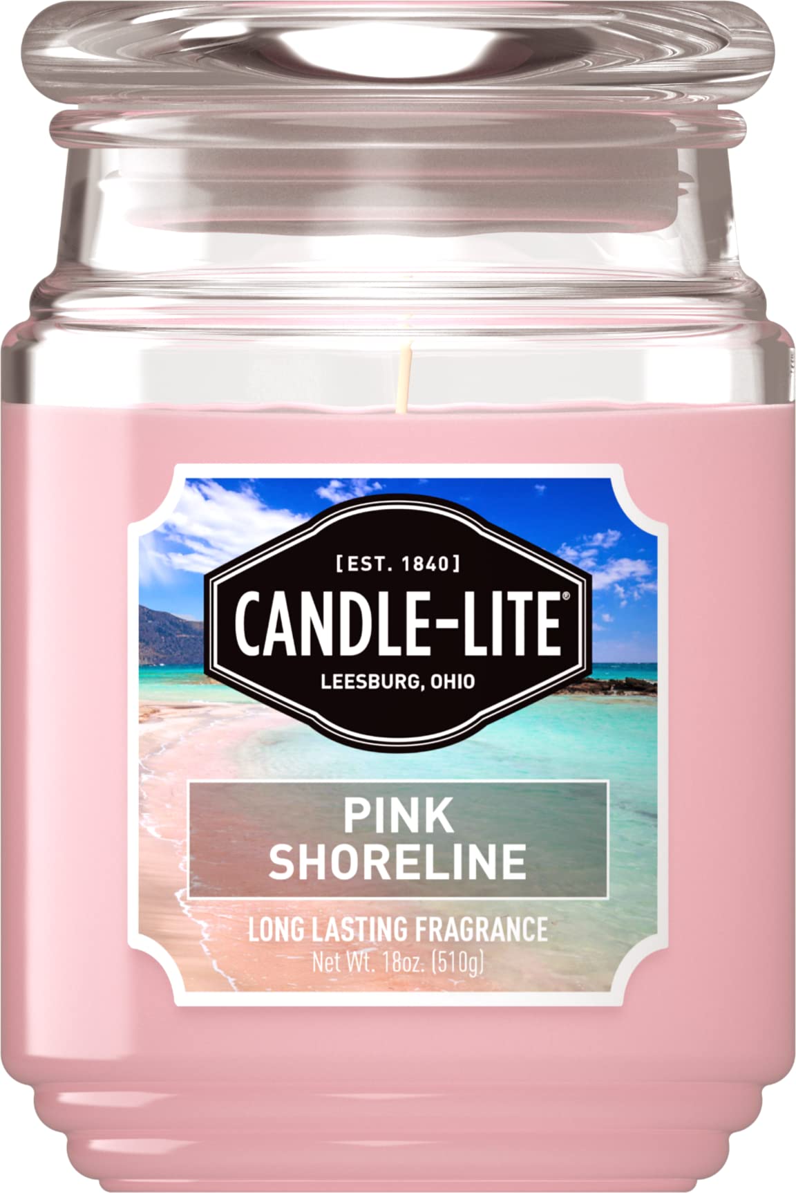 Candle-Lite Everyday Pink Shoreline, etiqueta detallada, aroma cítrico suave para ambientes