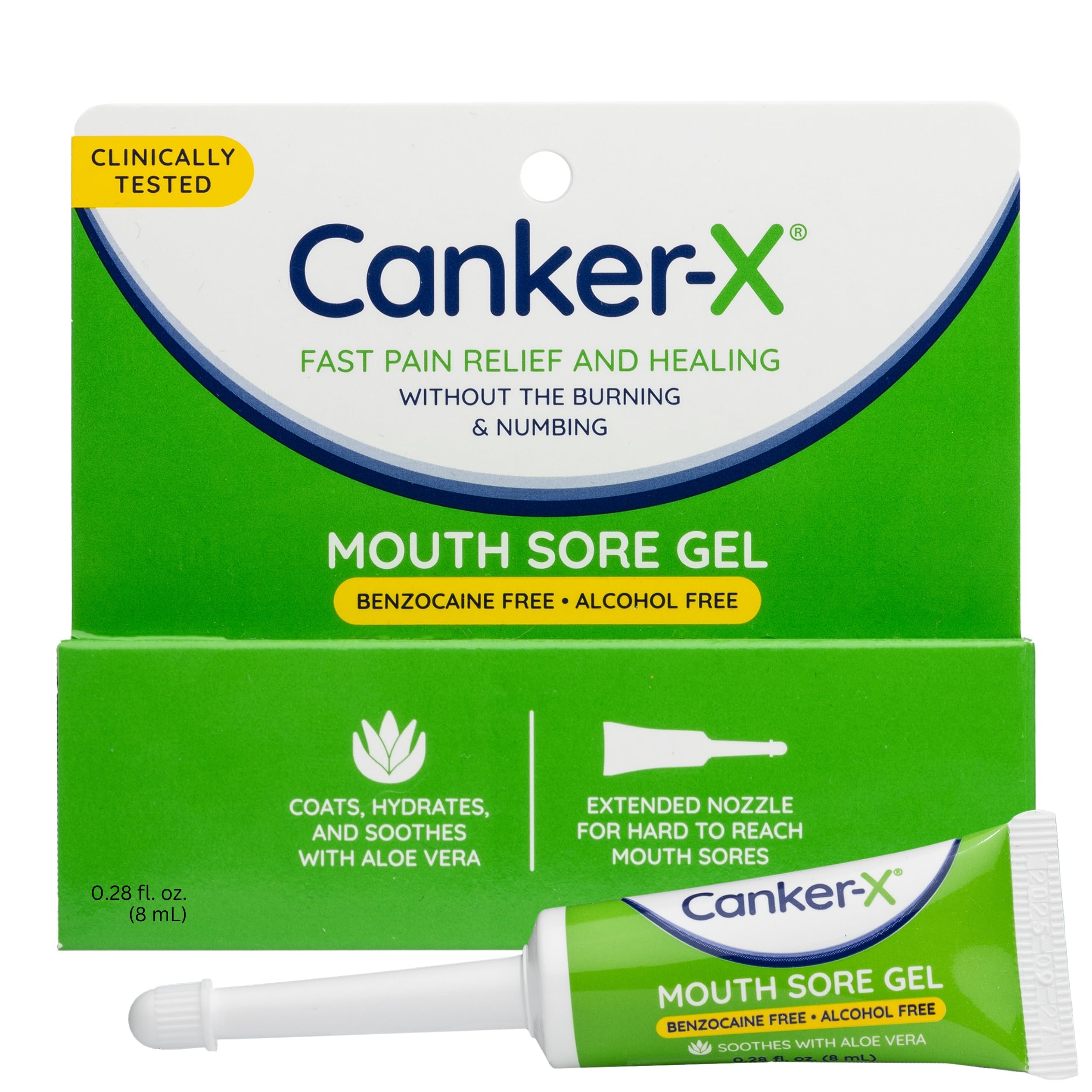 Canker-X Gel alivia rápido el dolor en aftas y laceraciones bucales.