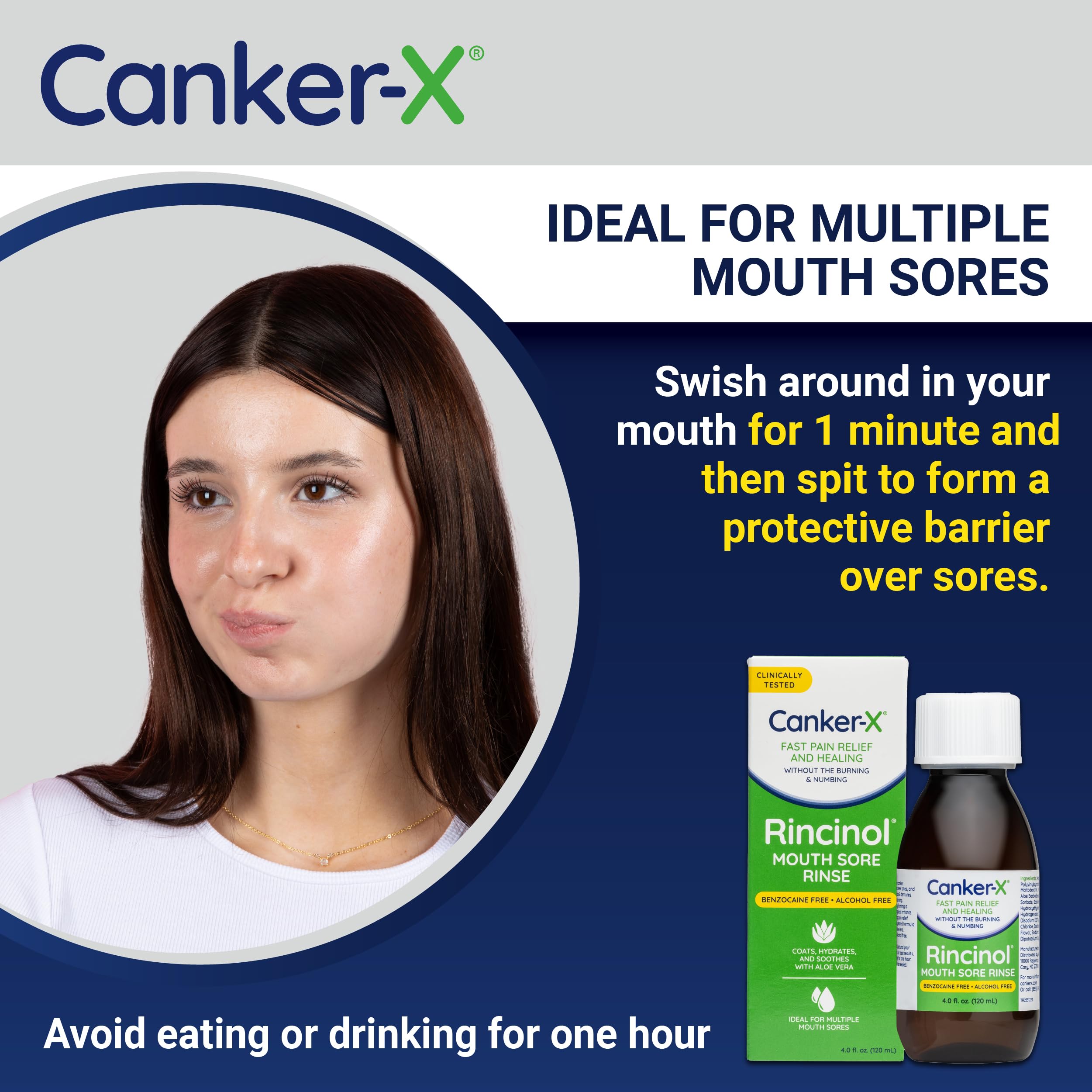 Canker-X Rincinol sin benzocaína, seguro para niños 6+ años