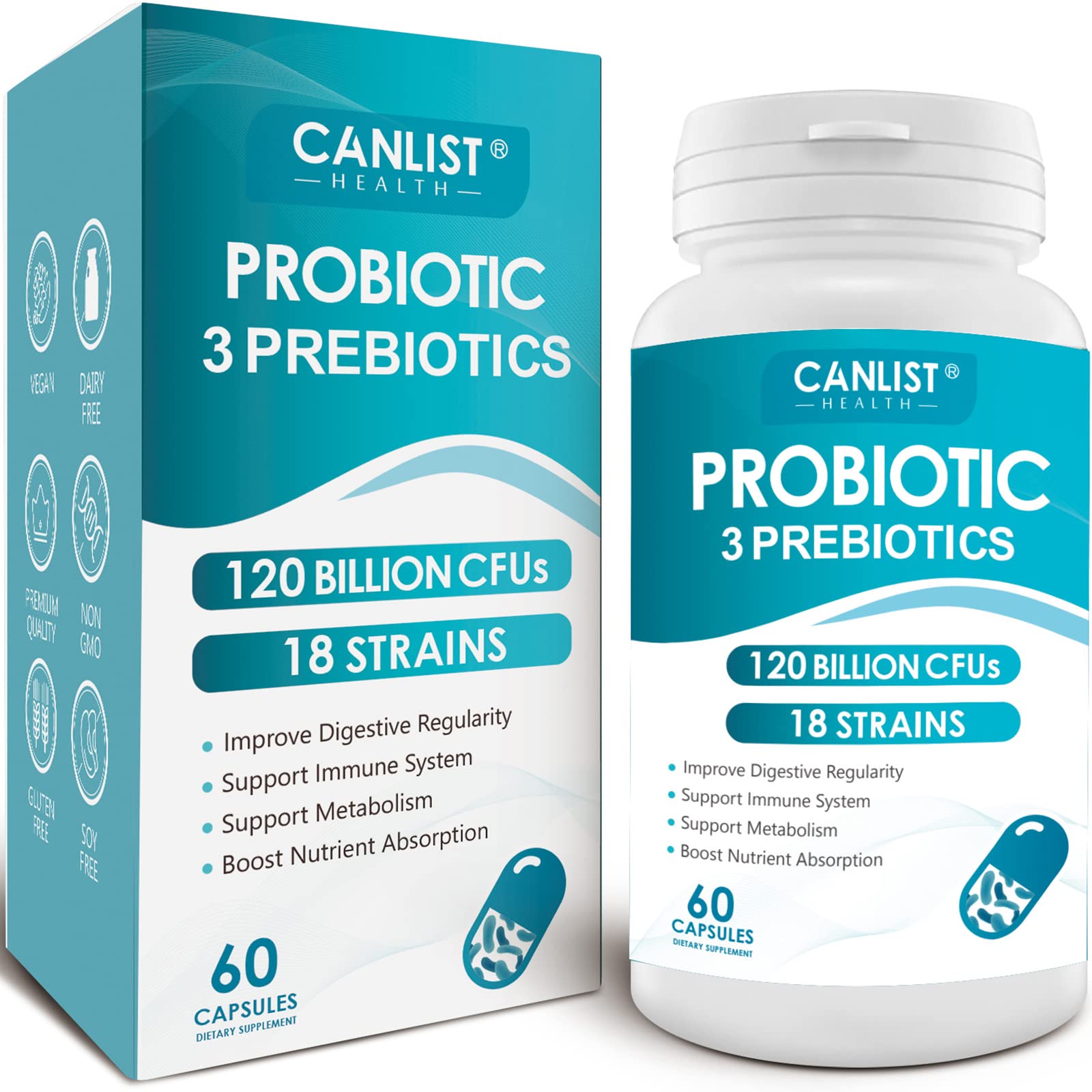 CANLIST Probiotics: botella de cápsulas con 120 mil millones CFU para soporte digestivo diario.