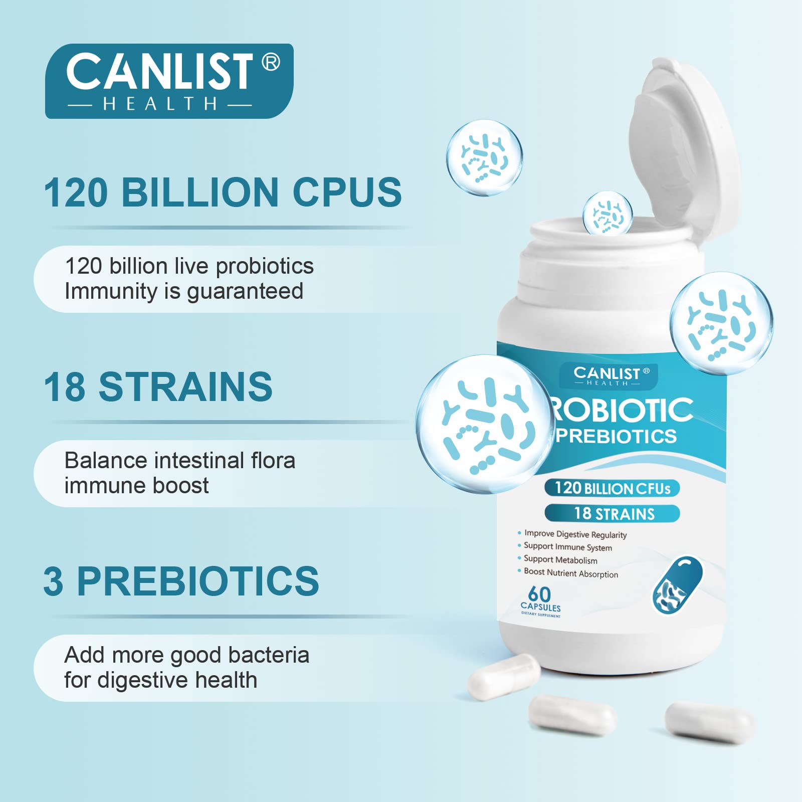 CANLIST Probiotics con prebióticos y enzimas para facilitar la digestión cotidiana.