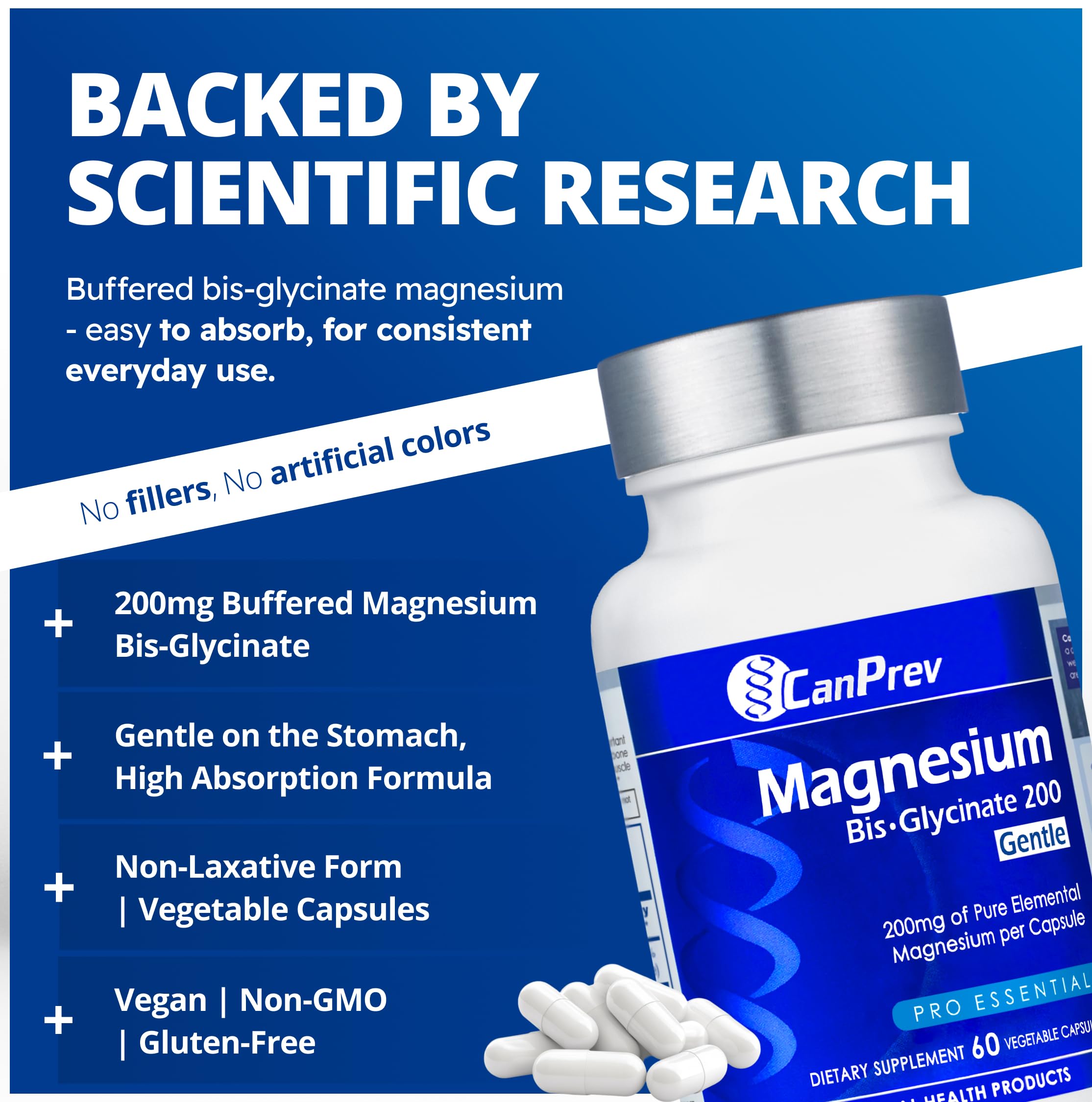 CanPrev Magnesio Bisglicinato 200 mg, cápsulas en envase abierto para uso diario.