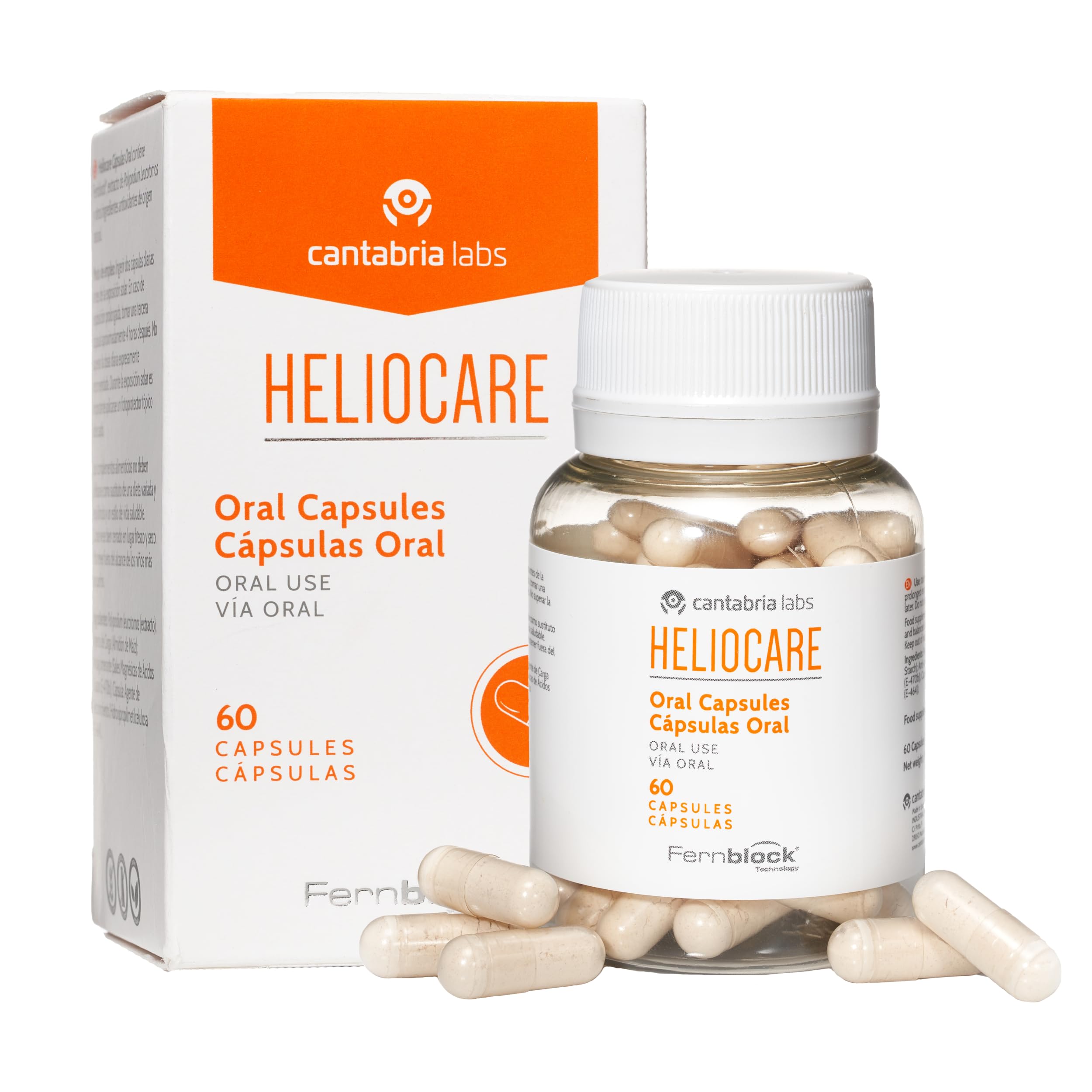 Cantabria Labs Heliocare: bote de cápsulas para uso diario, fórmula vegana.