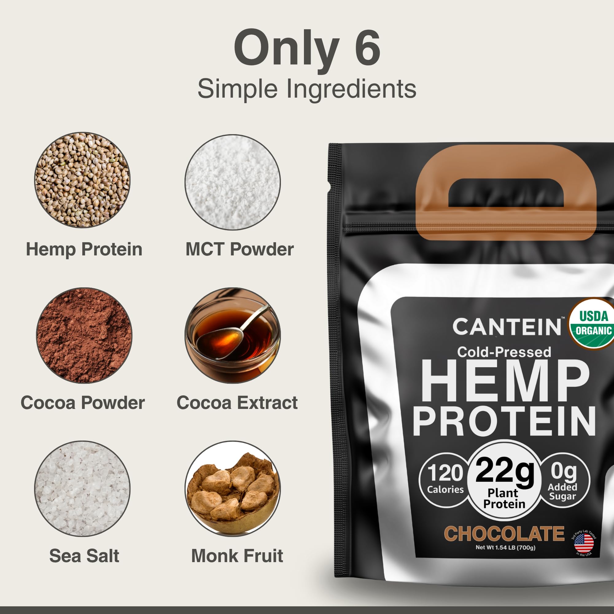 Cantein proteína de cáñamo con ingredientes naturales y etiqueta clara.