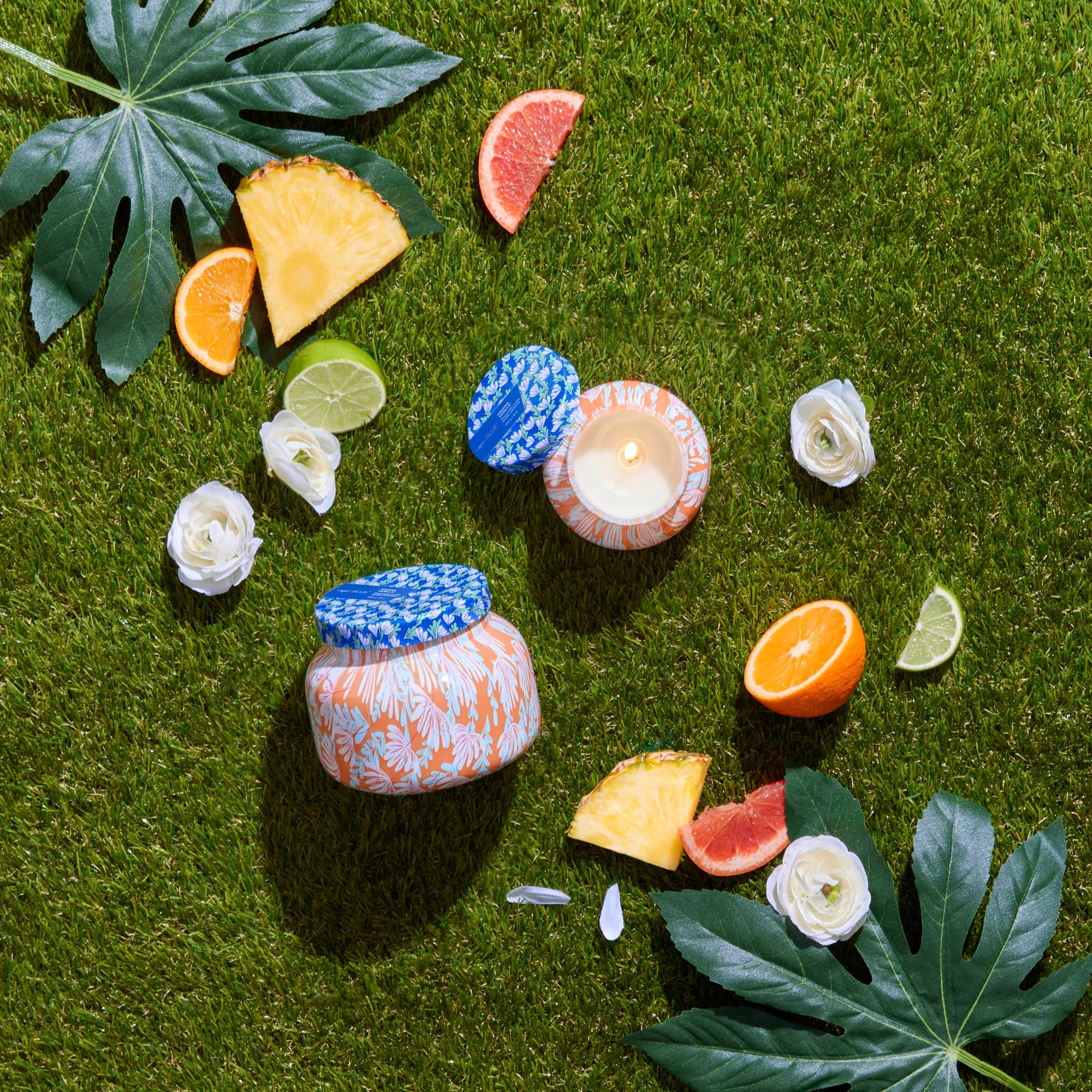 Capri Blue etiqueta Patrón-Juego, vela decorativa en frasco de vidrio.