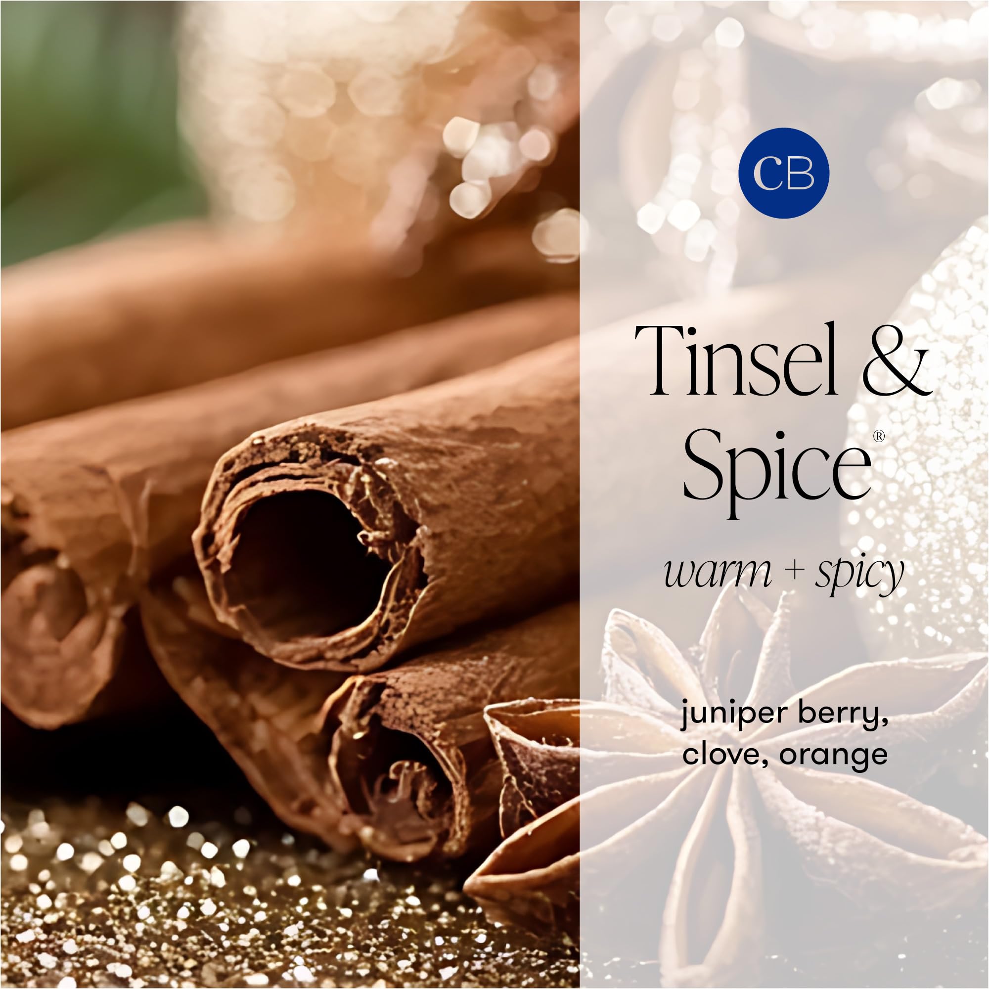 Capri Blue Tinsel & Spice fragancia perfuma con notas de enebro, canela y clavo.