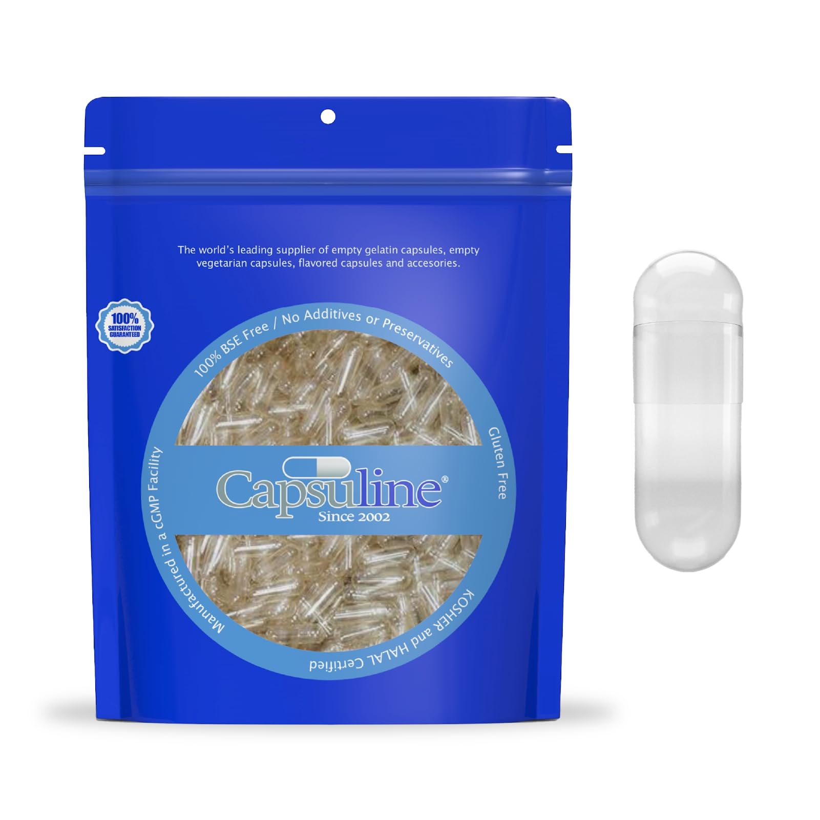 Capsuline Size 000 cápsulas vacías transparentes, ideales para rellenar suplementos.