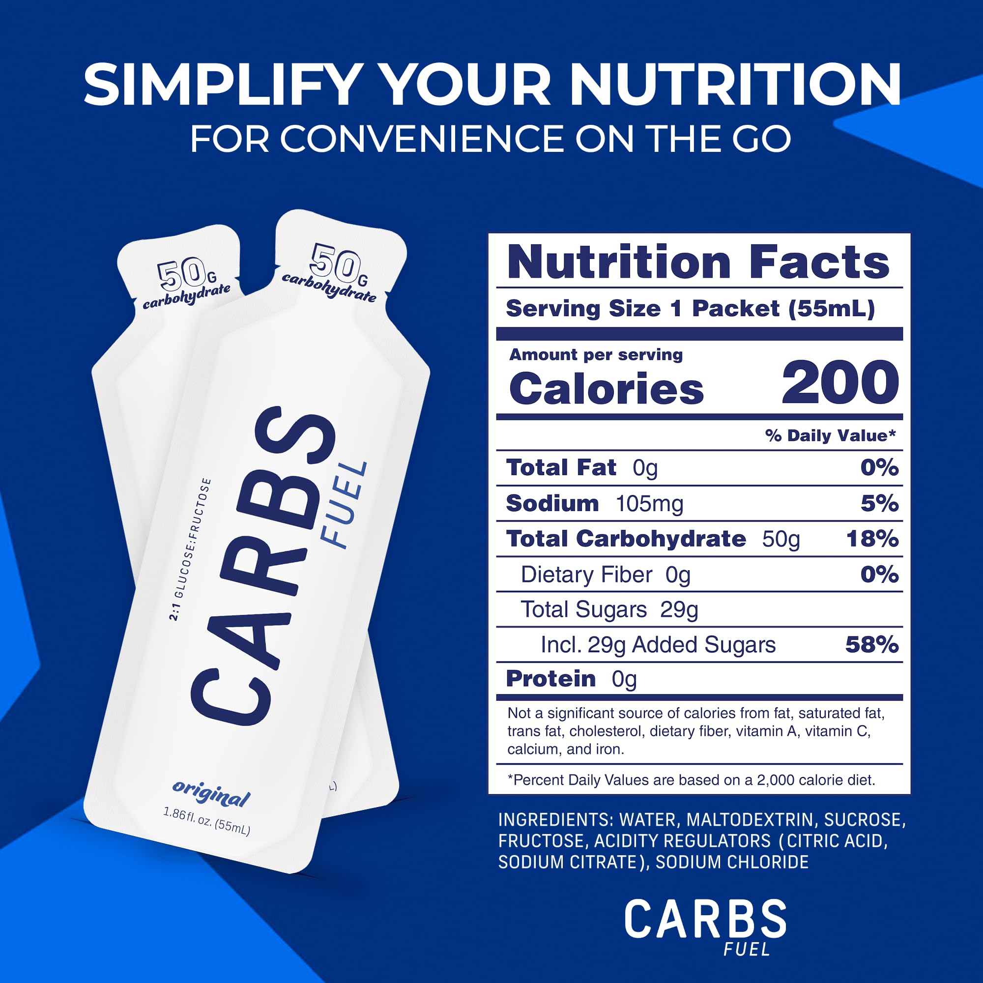 Carbs Fuel Original gel de energía 50g sin conservantes para una ingesta limpia.