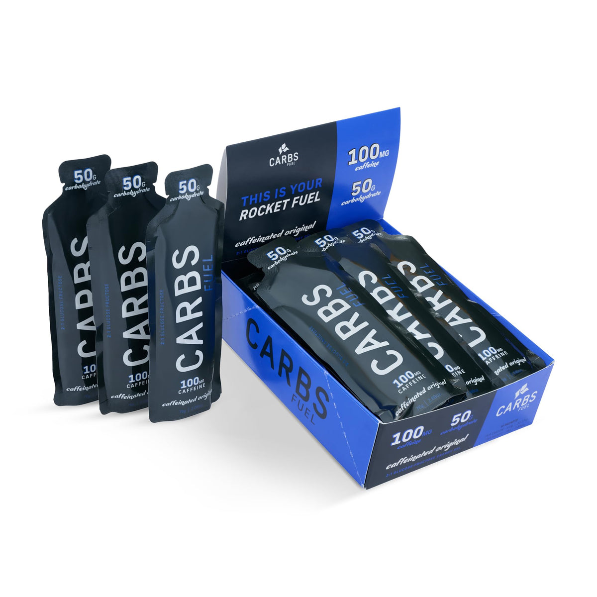 Carbs Fuel gel original con cafeína, envase de 12 unidades ideal para entrenamientos prolongados.