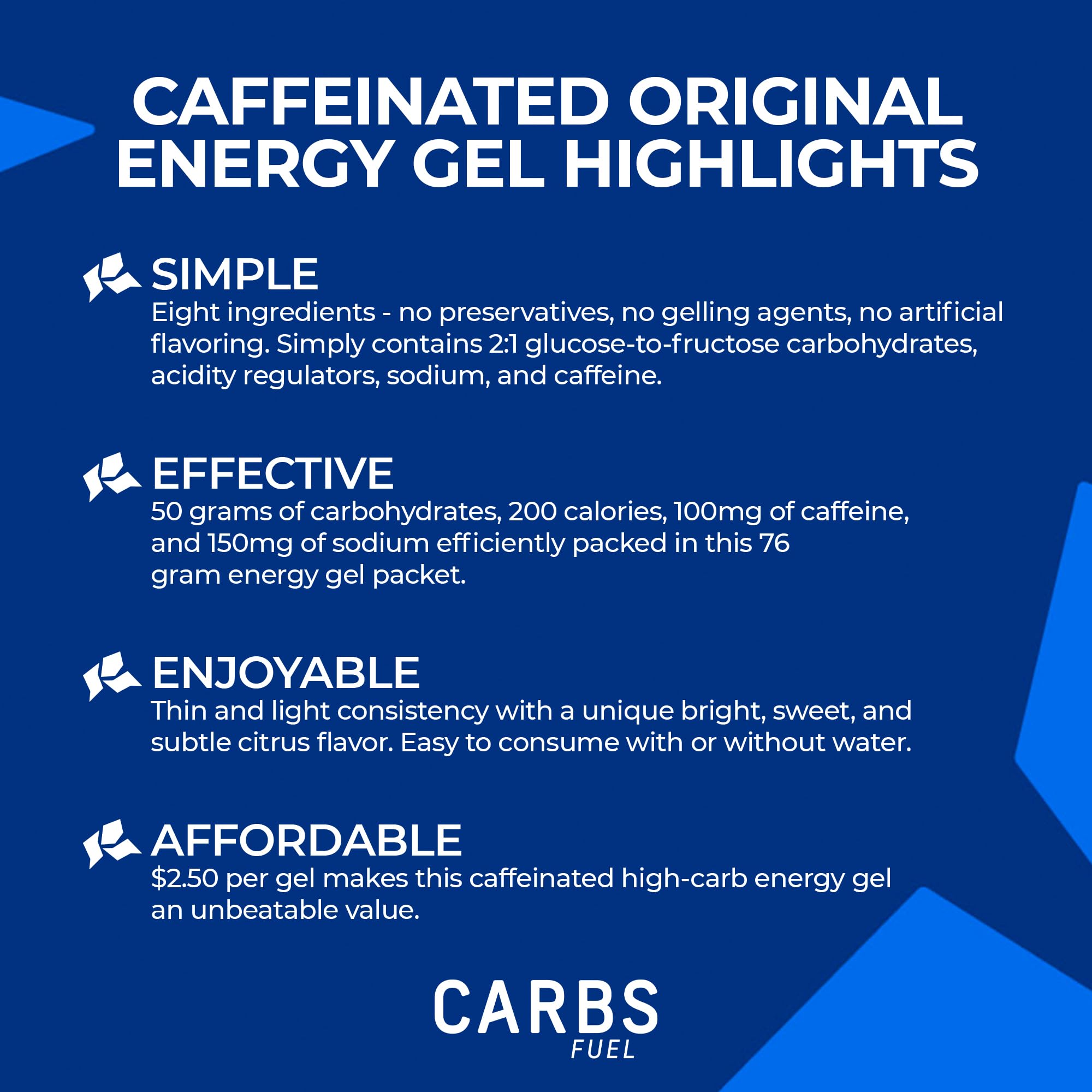 Carbs Fuel gel original con cafeína, textura ligera para consumo rápido durante carrera.