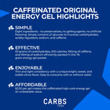 Carbs Fuel gel original con cafeína, textura ligera para consumo rápido durante carrera.
