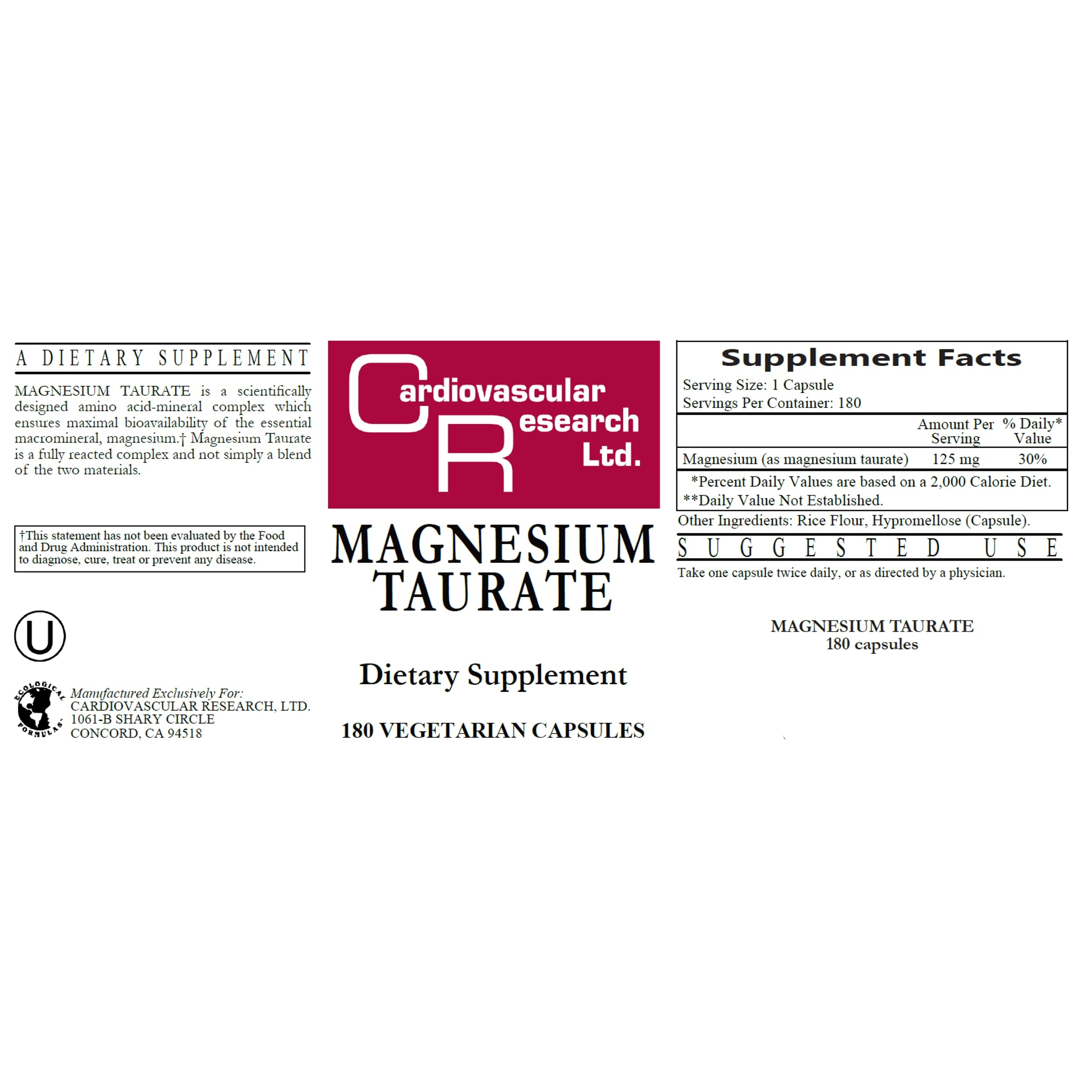 Etiqueta de Cardiovascular Research Magnesium Taurate 125 mg con dosis clara