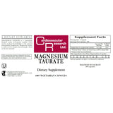 Etiqueta de Cardiovascular Research Magnesium Taurate 125 mg con dosis clara