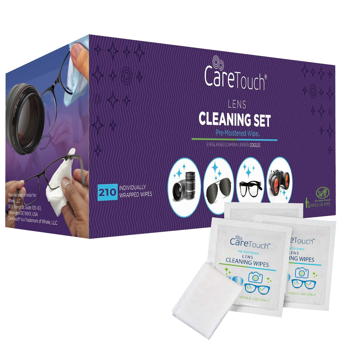 Care Touch, toallitas para lentes de 210 unidades, limpieza suave sin dejar rayas.