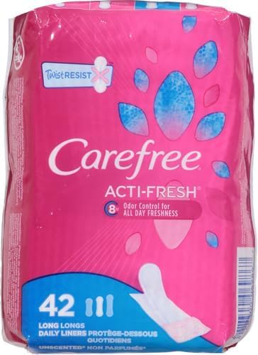 Carefree Acti-Fresh pantiliner largo, textura suave para comodidad todo el día.