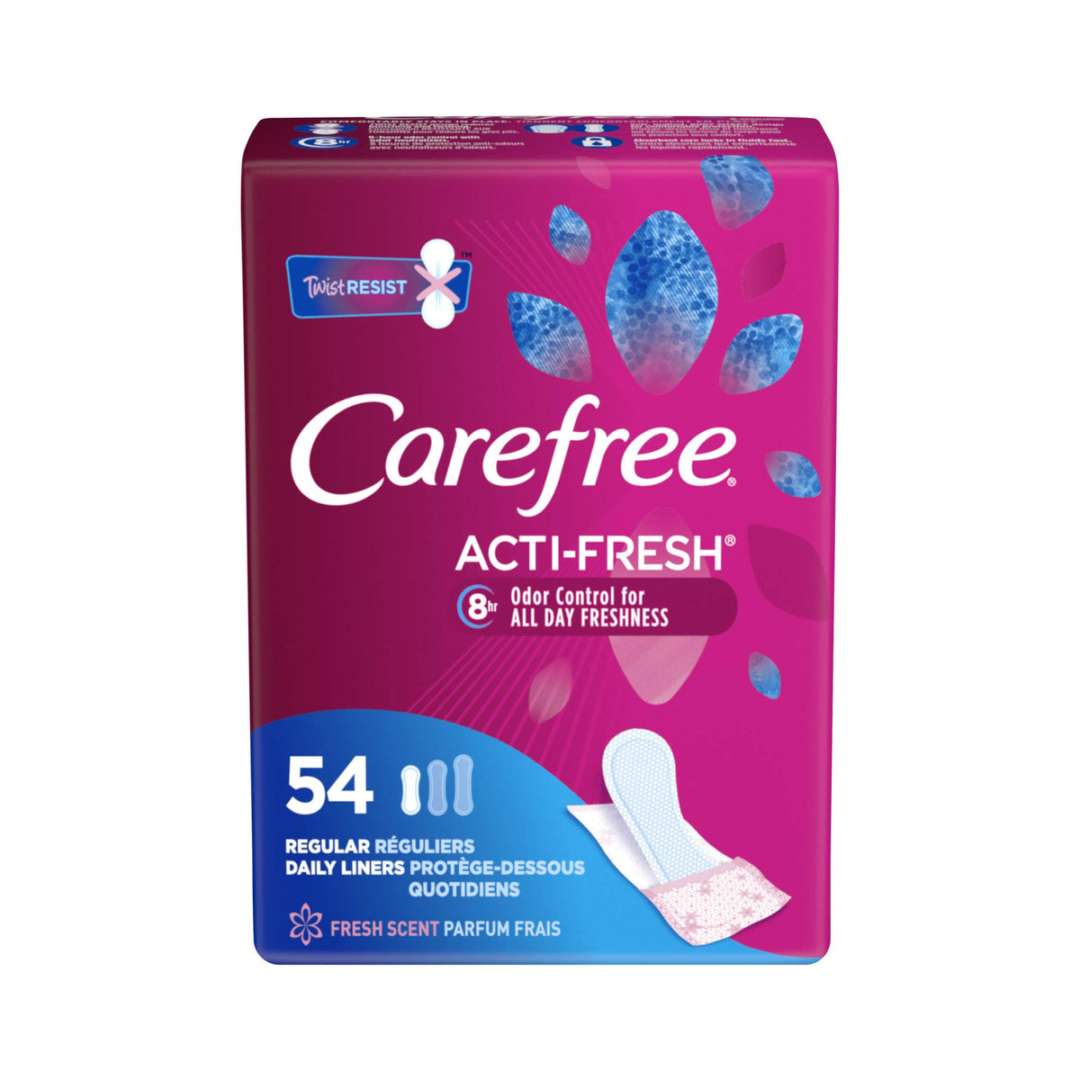 Carefree Acti-Fresh protector diario en empaque, protección diaria discreta.
