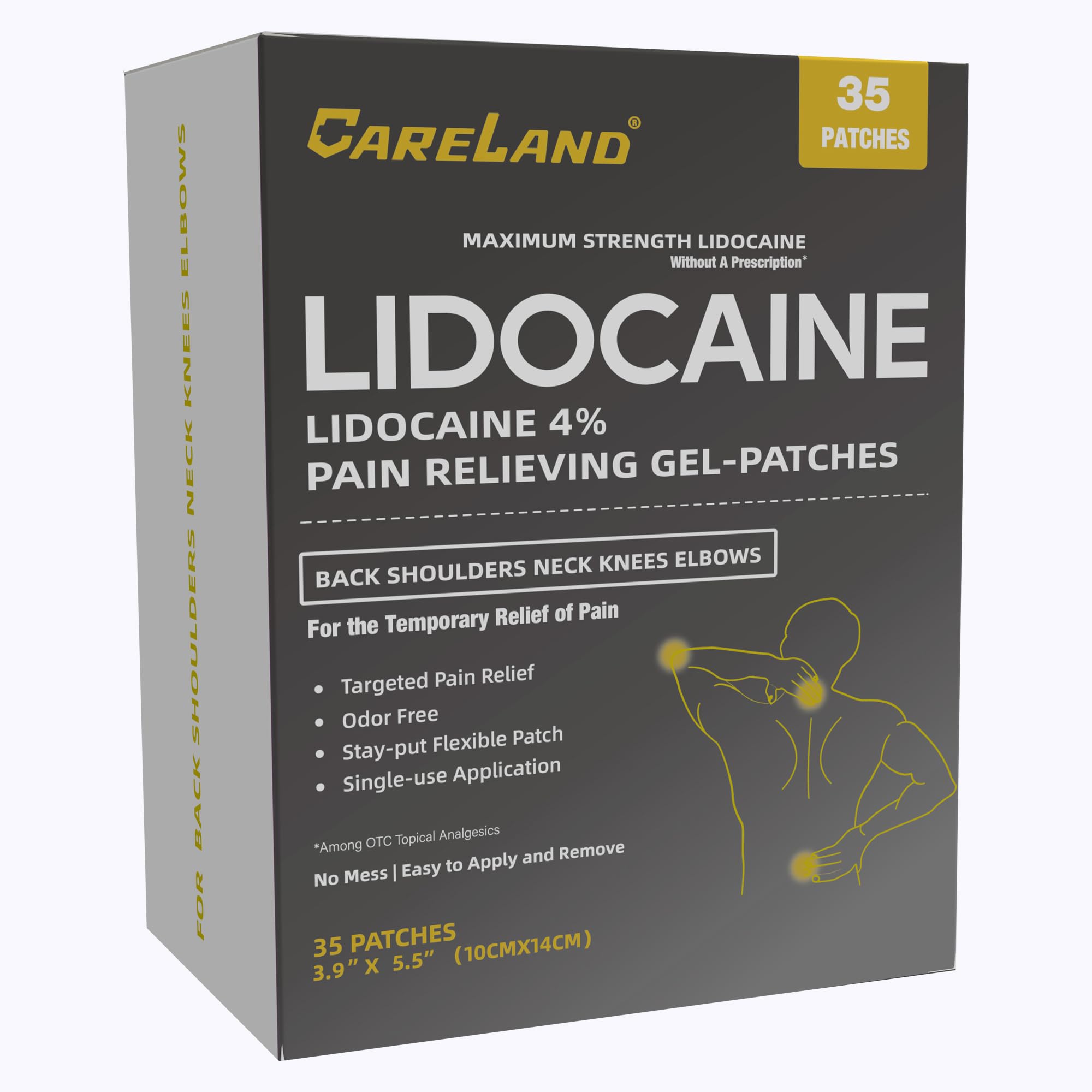 Parche CARELAND con lidocaína 4% en el cuello para alivio puntual del dolor.