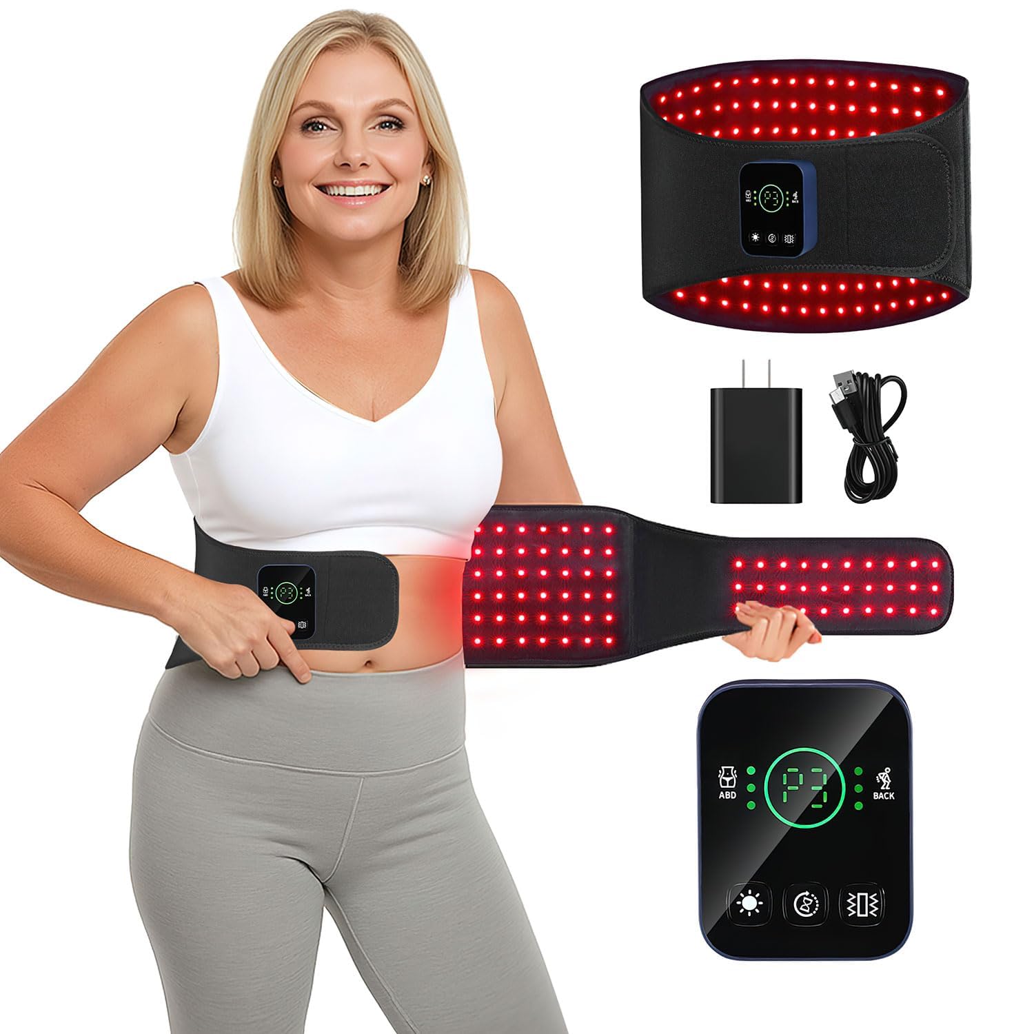 CAREMORR Cinturón de luz roja inalámbrico en uso para relajación muscular.