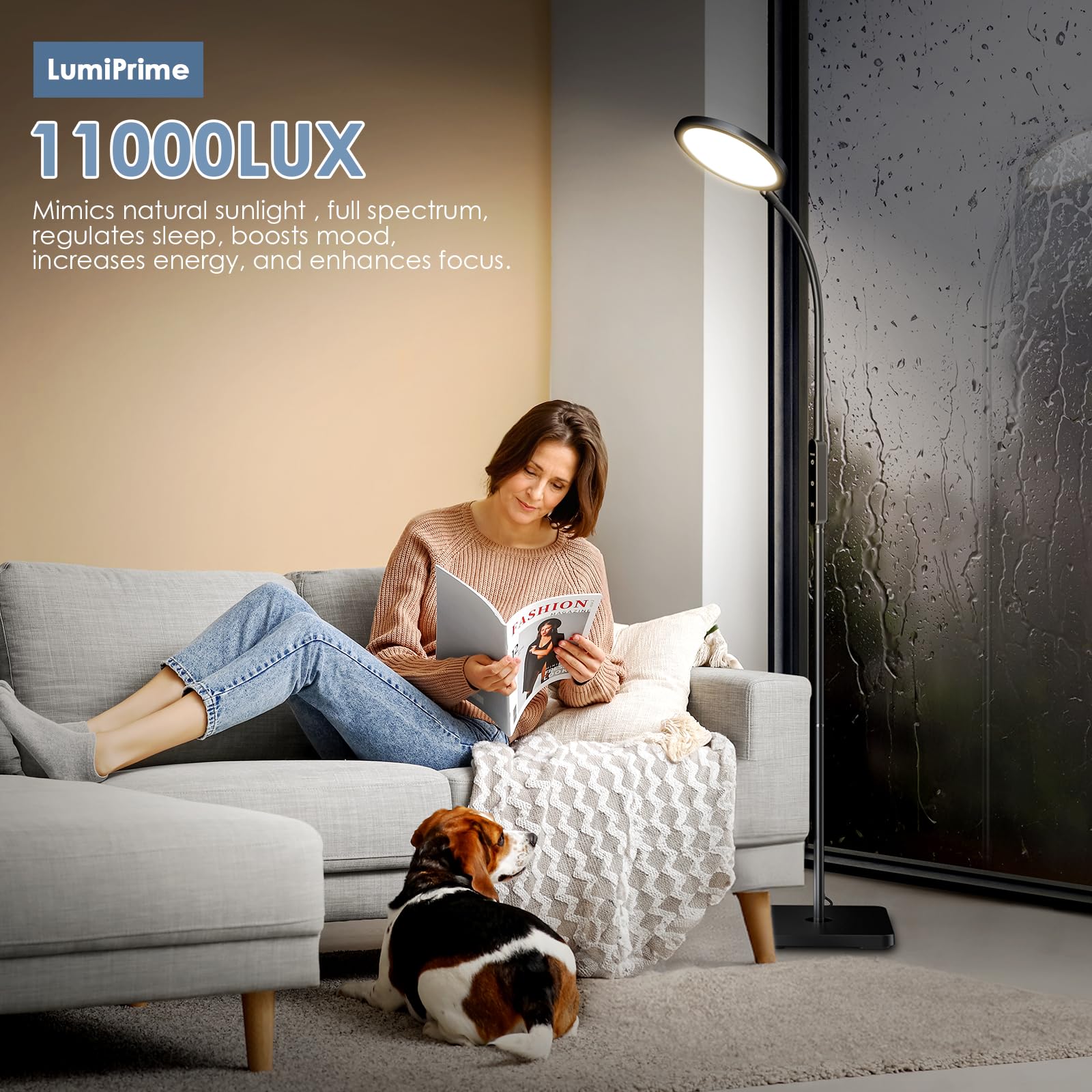CAREMORR lámpara de pie 11000 Lux iluminando desde suelo para uso diario.