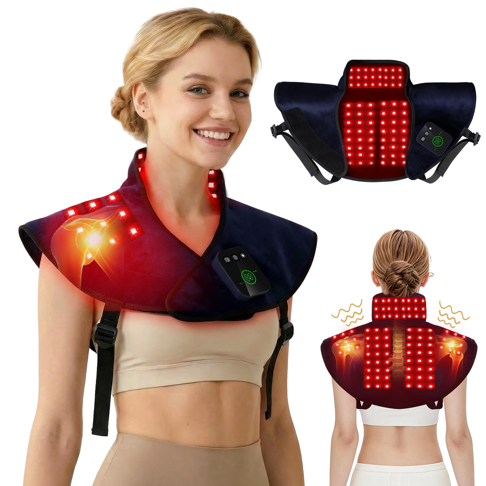 CAREMORR terapia de luz roja inalámbrica en cuello y hombros para relajación diaria.
