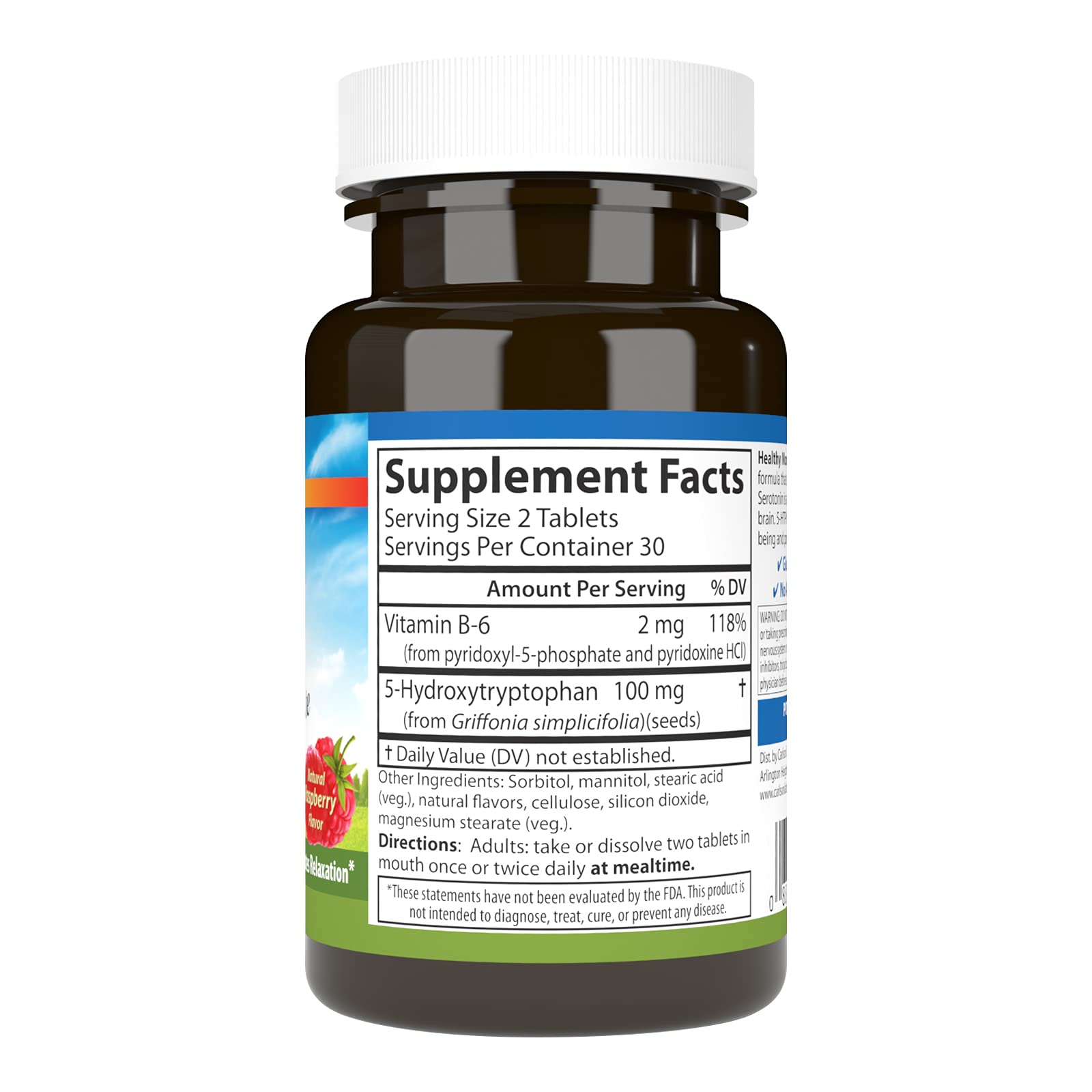 Carlson 5-HTP Elite con vitamina B6, tabletas de sabor frambuesa, opción diaria.