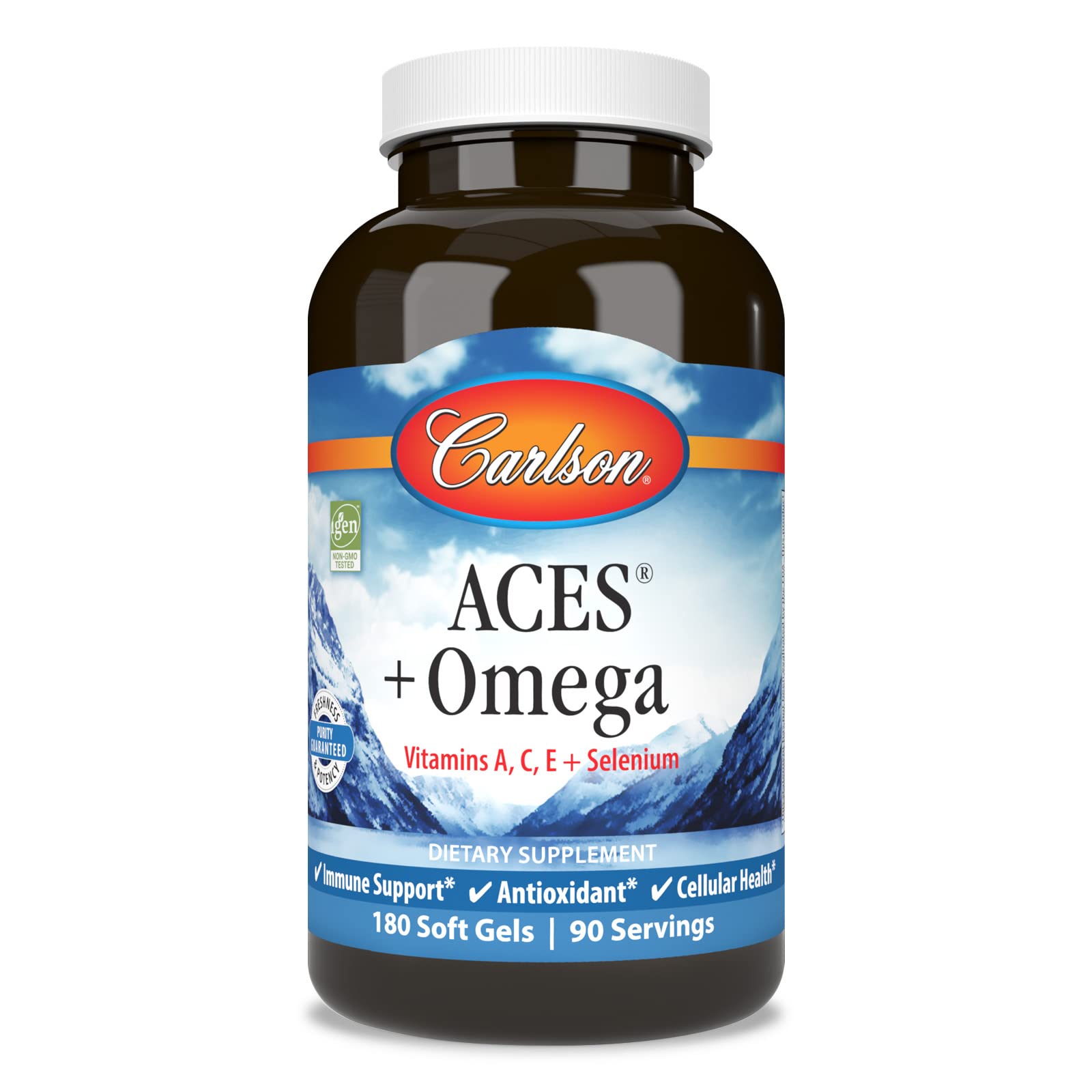 Carlson ACES + Omega cápsulas blandas en bote, para el bienestar diario.