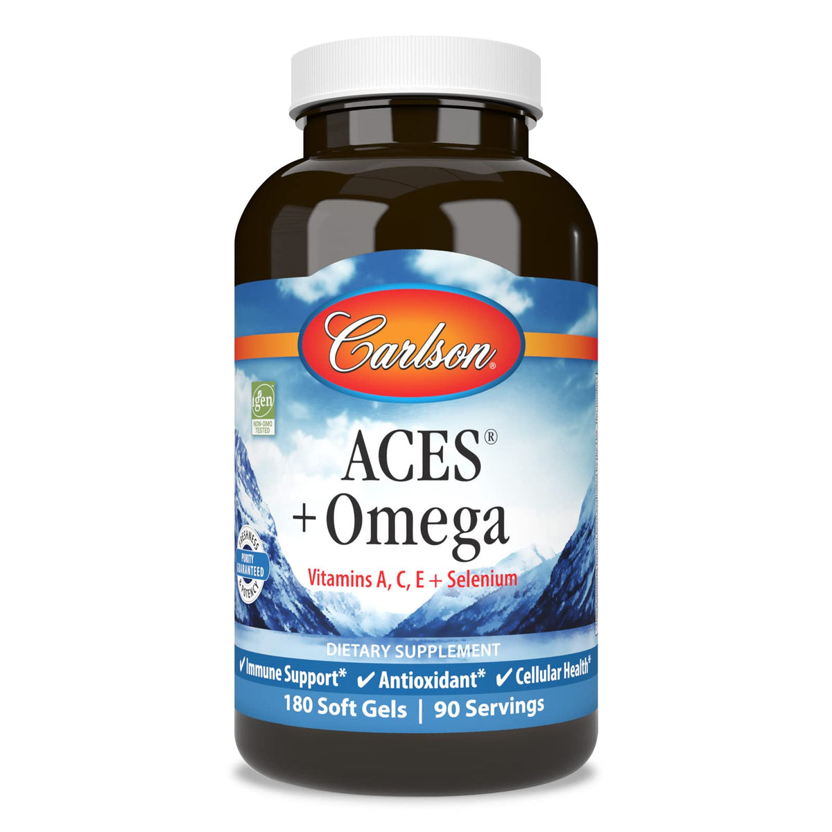 Carlson ACES + Omega cápsulas blandas en bote, para el bienestar diario.