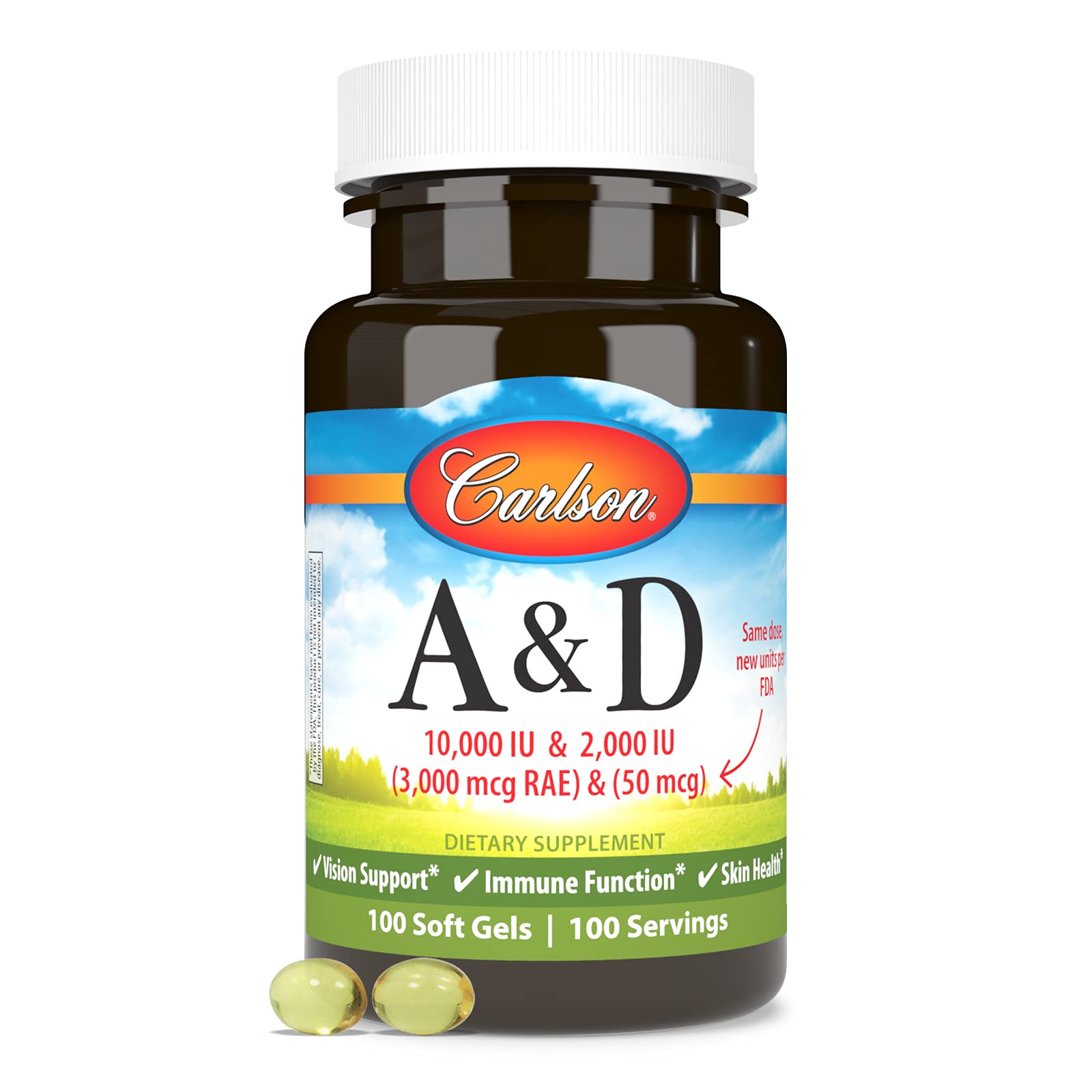 Carlson A&D visión y piel saludables con vitaminas.