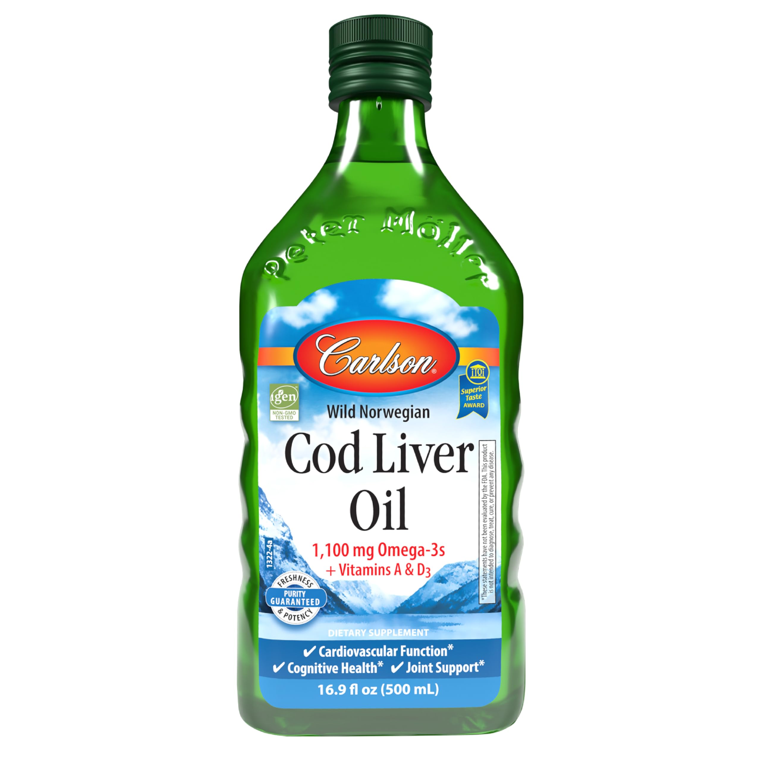 Carlson aceite hígado bacalao, botella visible, aporte omega-3 para la dieta diaria