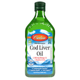 Carlson aceite hígado bacalao, botella visible, aporte omega-3 para la dieta diaria