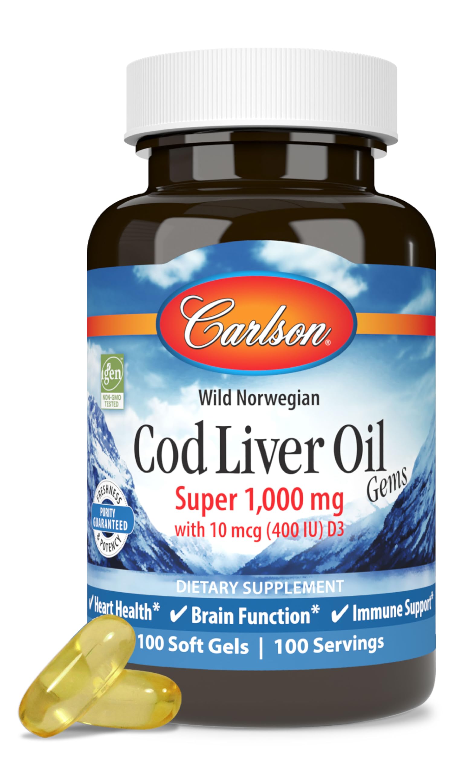 Carlson aceite de hígado de bacalao, botella frente a la mesa, apoyo a la salud general con omega-3.