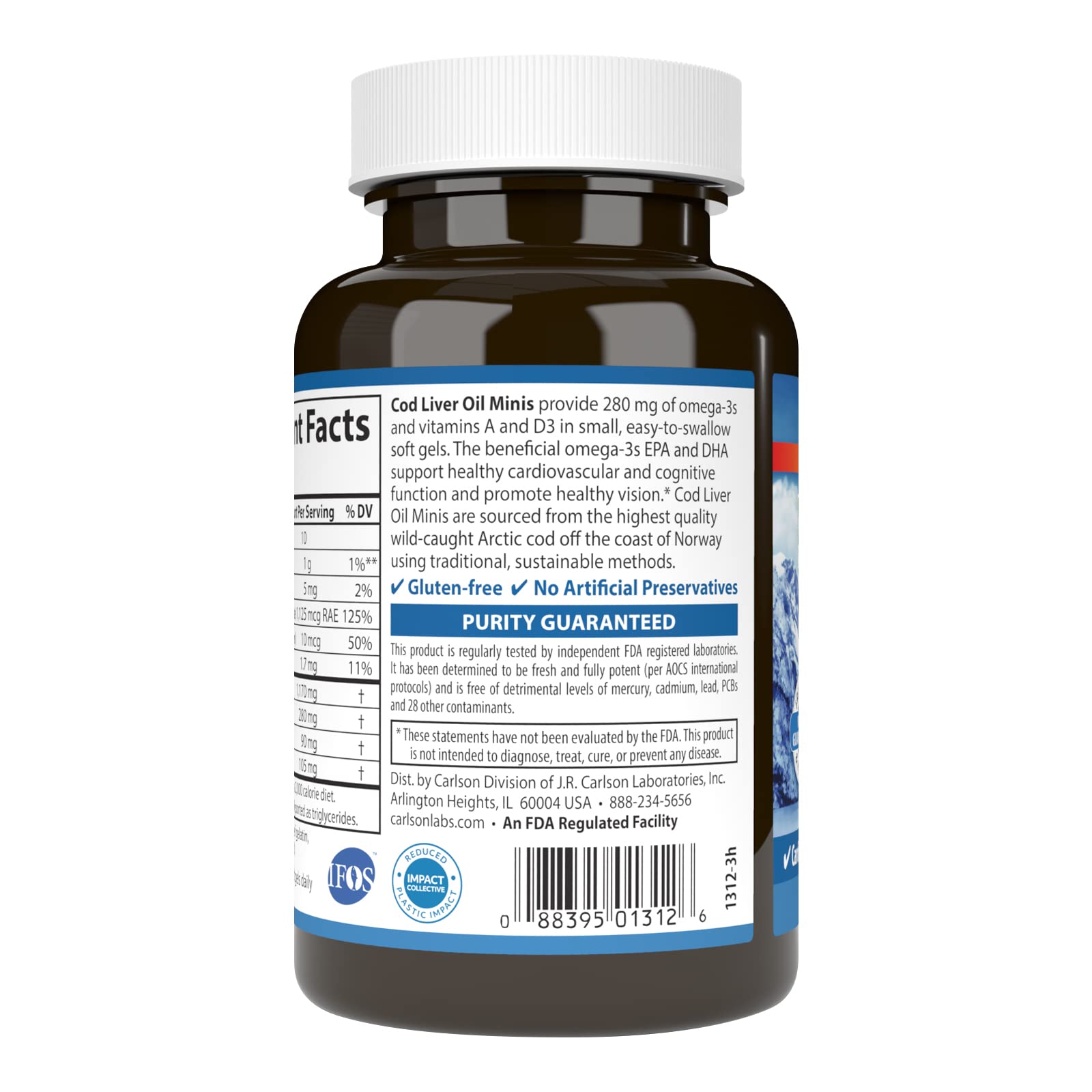 Etiqueta clara de Carlson con vitaminas A y D3 para referencia rápida.