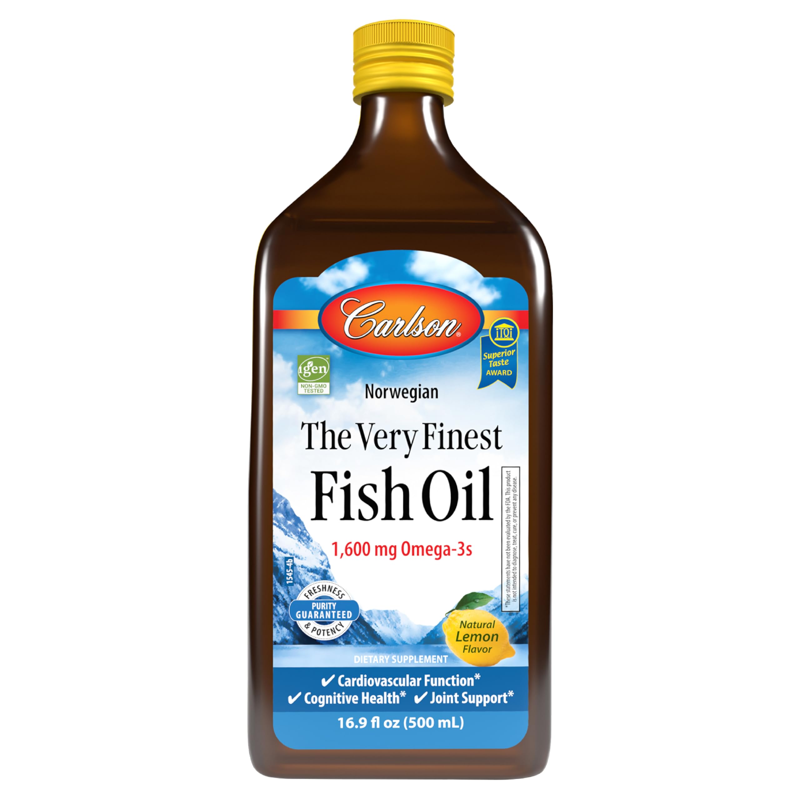 Carlson Aceite de Pescado 1600 mg, botella limón para uso diario.