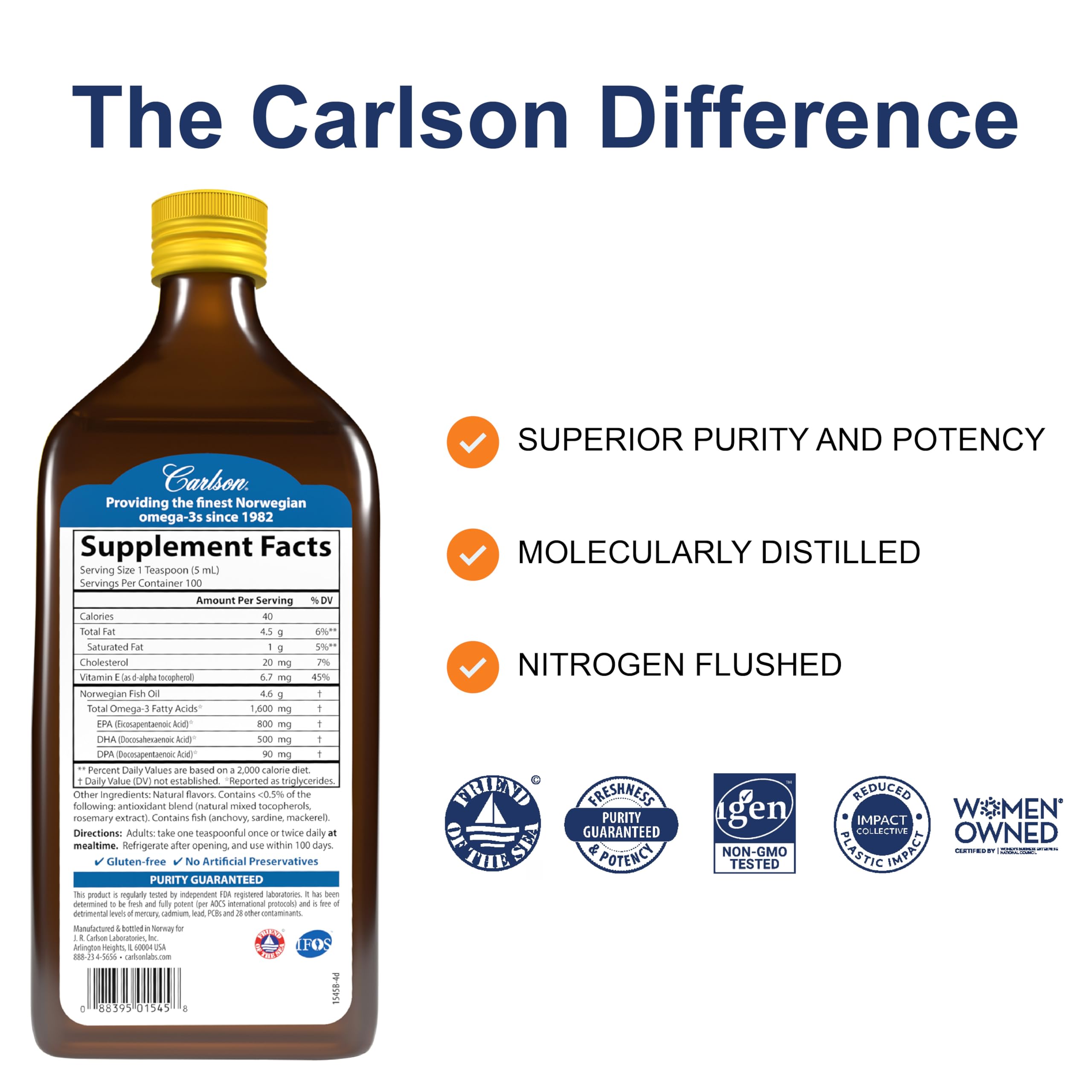 Carlson Aceite de Pescado 1600 mg, dosis medidora para porción precisa.