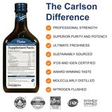 Carlson Aceite de Pescado Limón, etiqueta clara para identificar dosis y calidad.