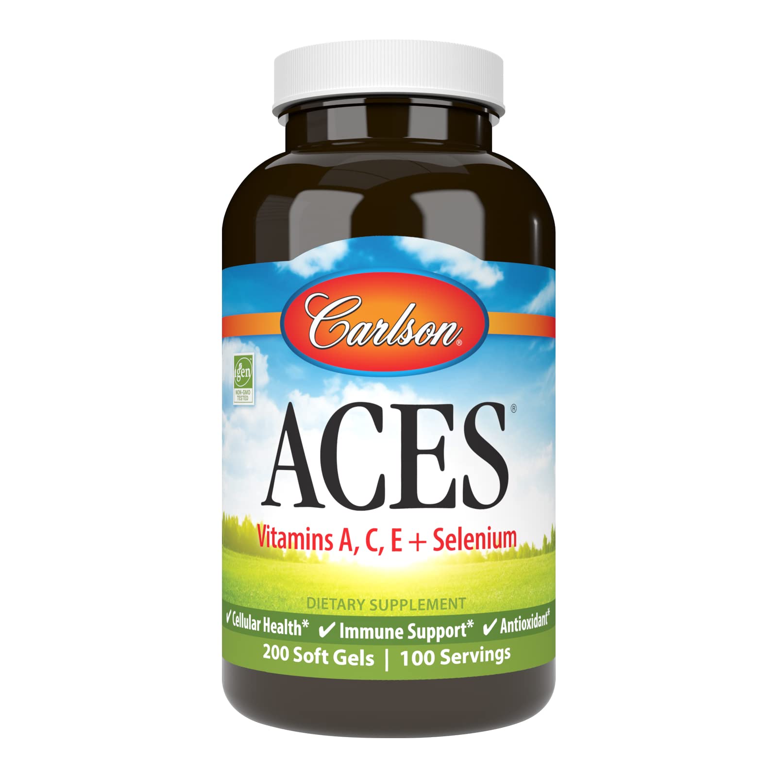 Carlson Aces, botella frontal: aporte antioxidante para la salud diaria.