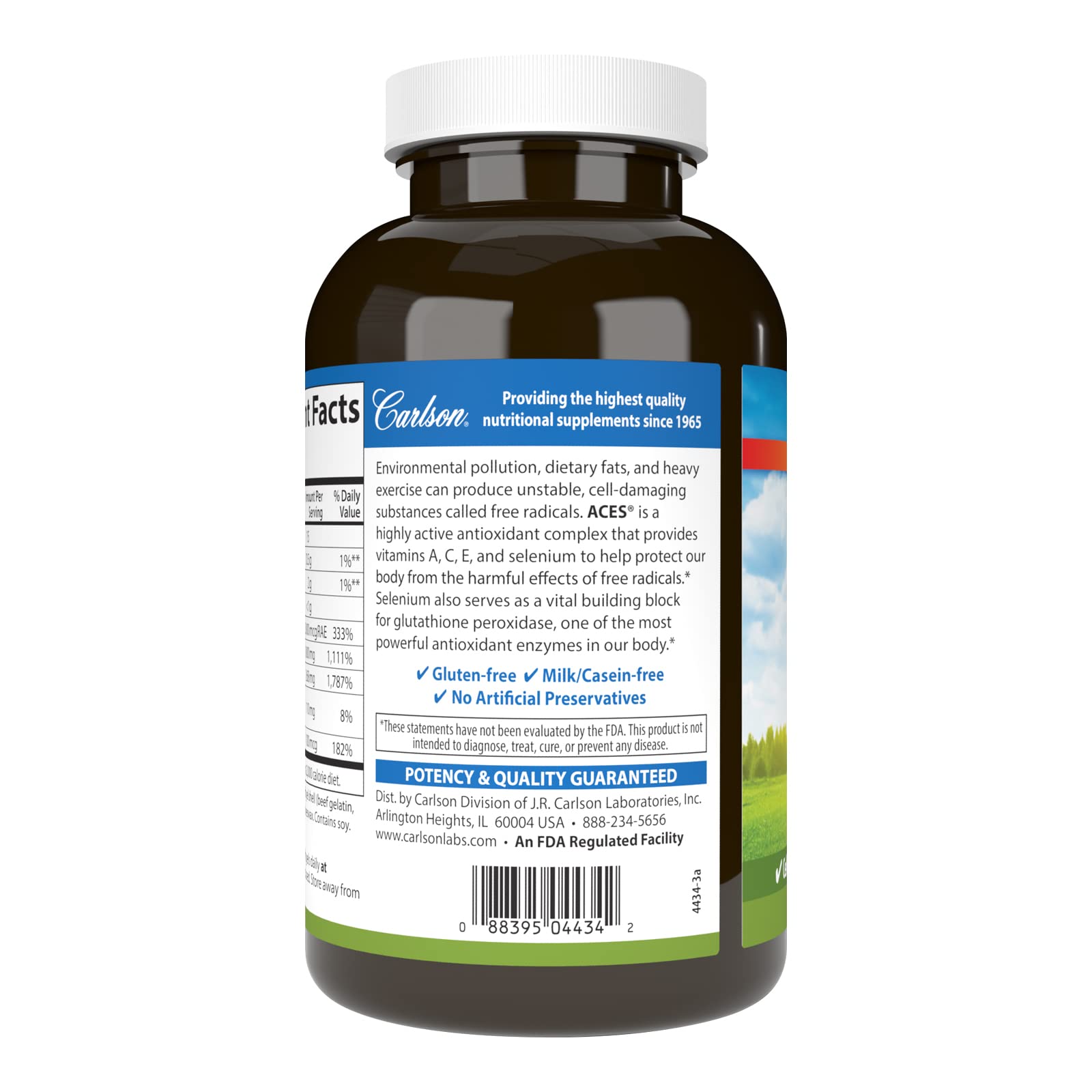 Carlson ACES: detalle de nutrientes clave para antioxidantes y apoyo inmune.
