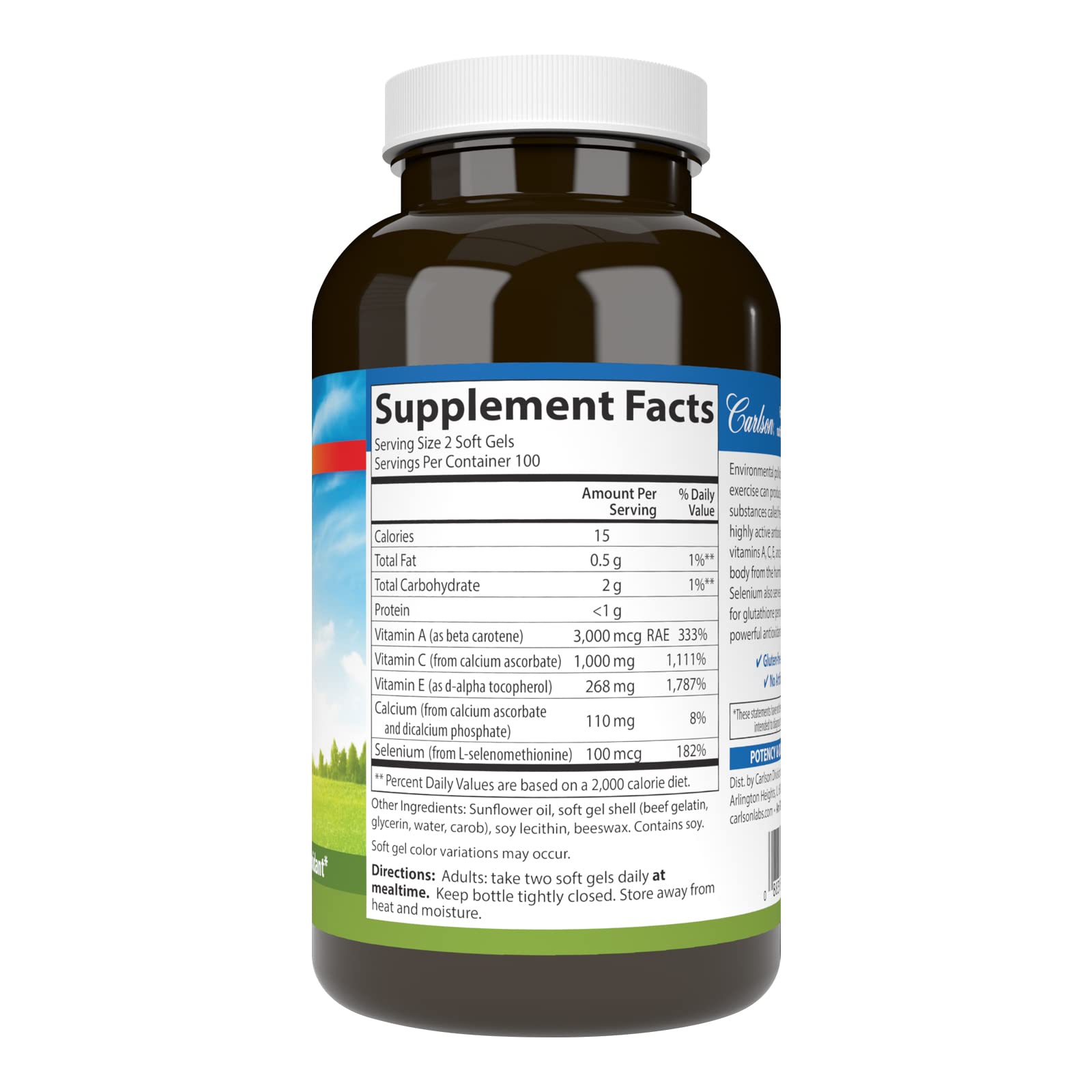 Carlson Aces, etiqueta destacada: información clara sobre vitaminas y selenio.