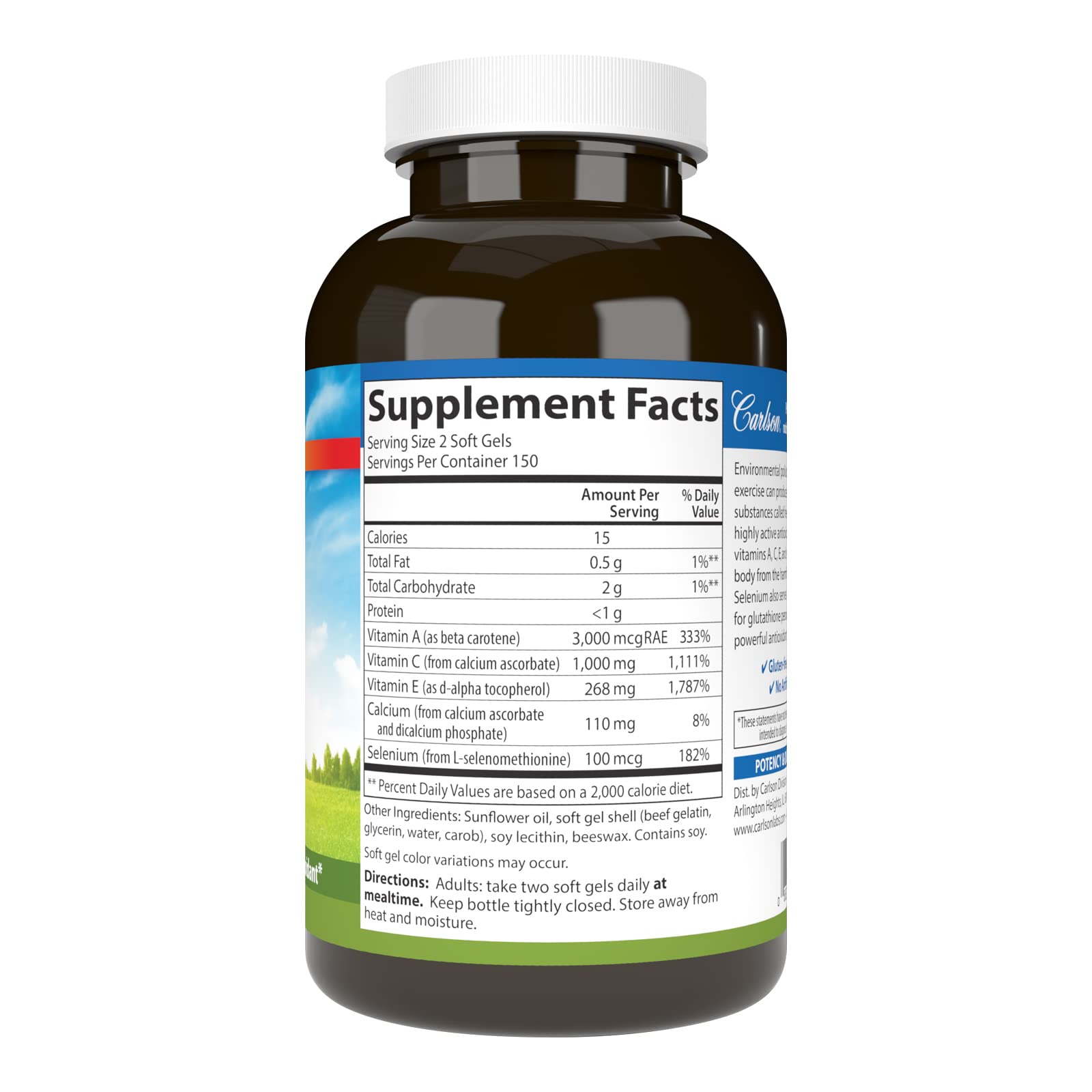 Carlson ACES: etiqueta frontal mostrando beneficios antioxidantes.