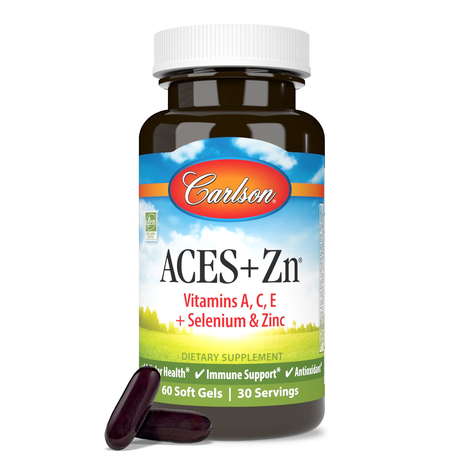 Carlson ACES + Zn, detalle de etiqueta con vitaminas A, C y E.
