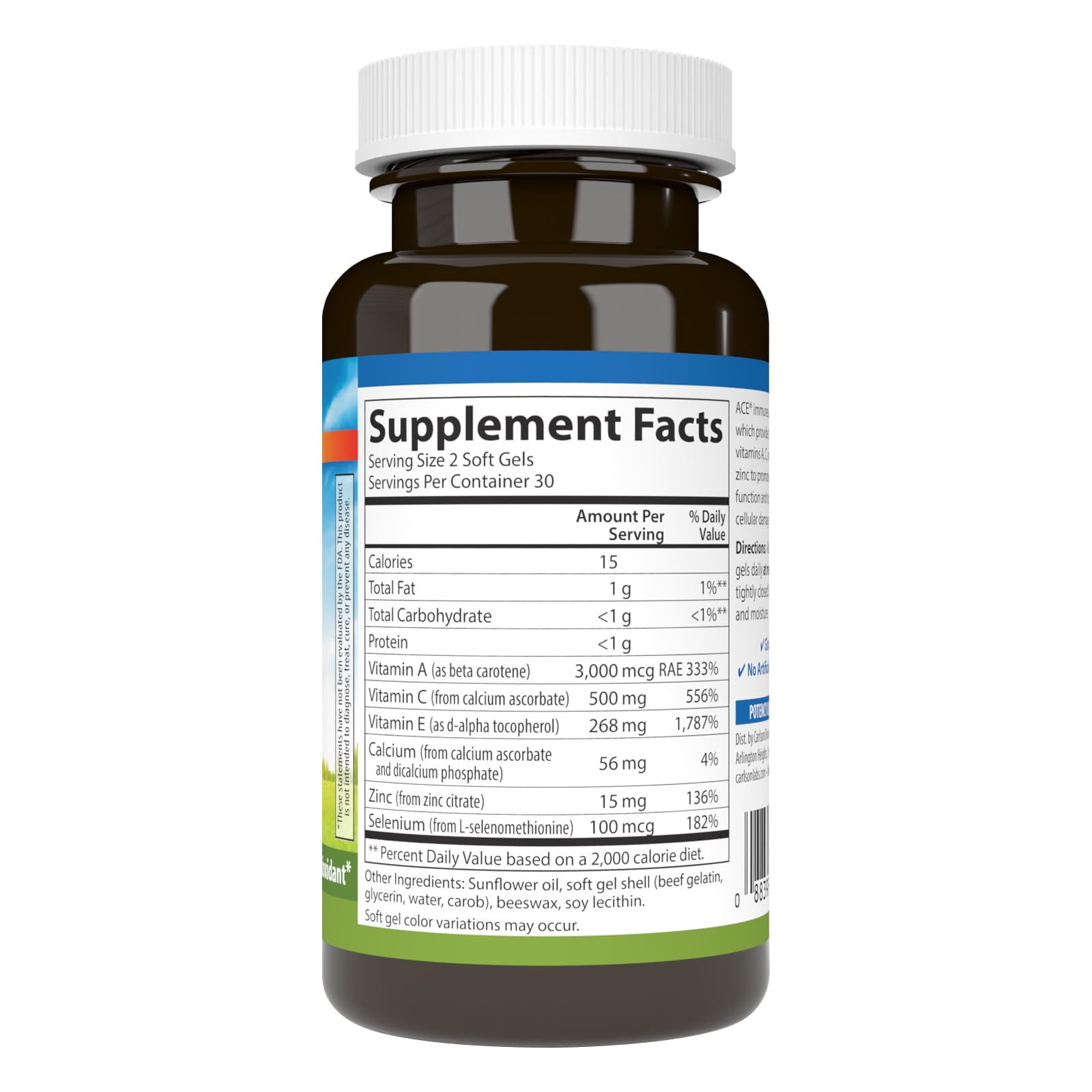 Carlson ACES + Zn, etiqueta del producto destacando antioxidantes para la salud celular.