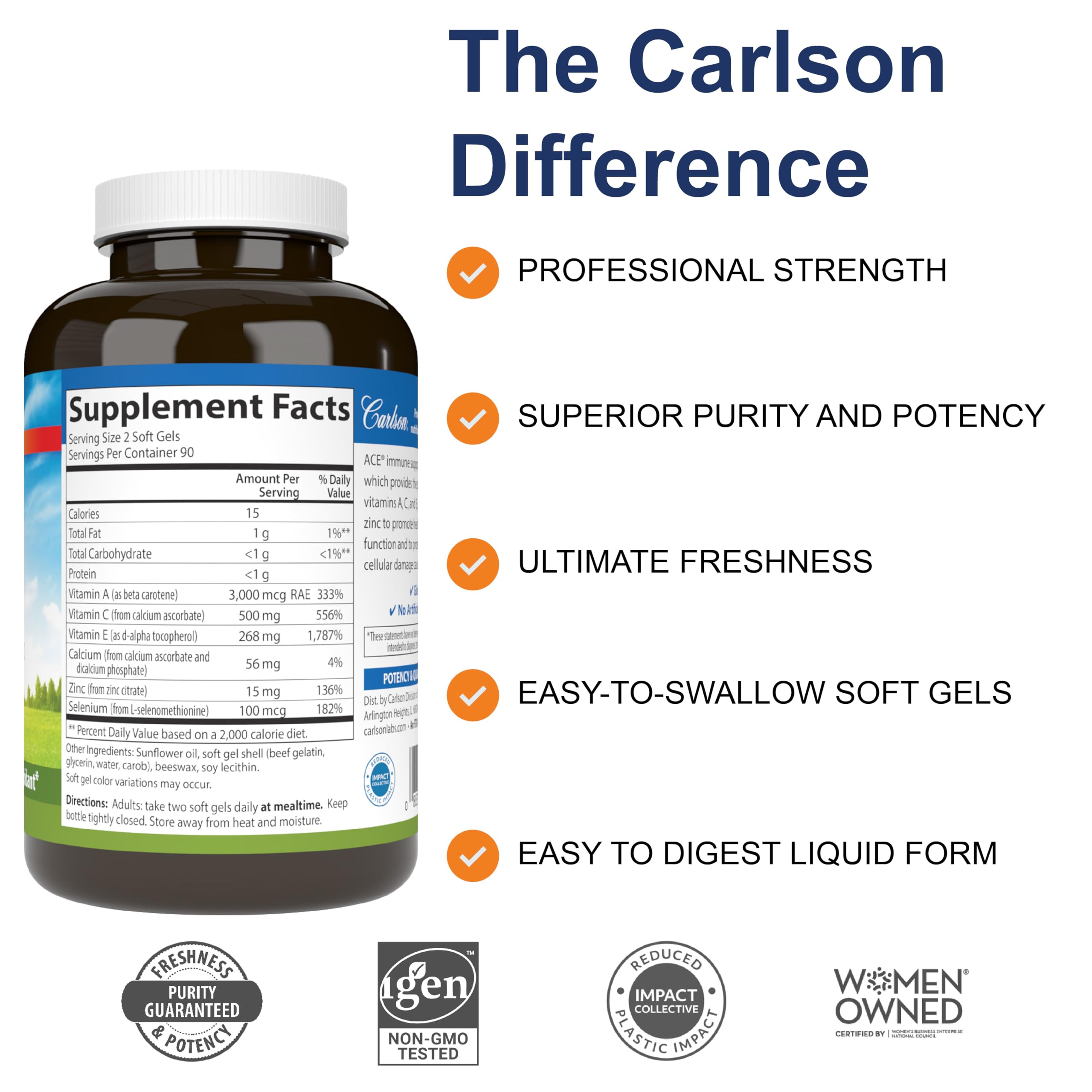 Carlson ACES Zn antioxidantes naturales destacan en la botella para defensa diaria