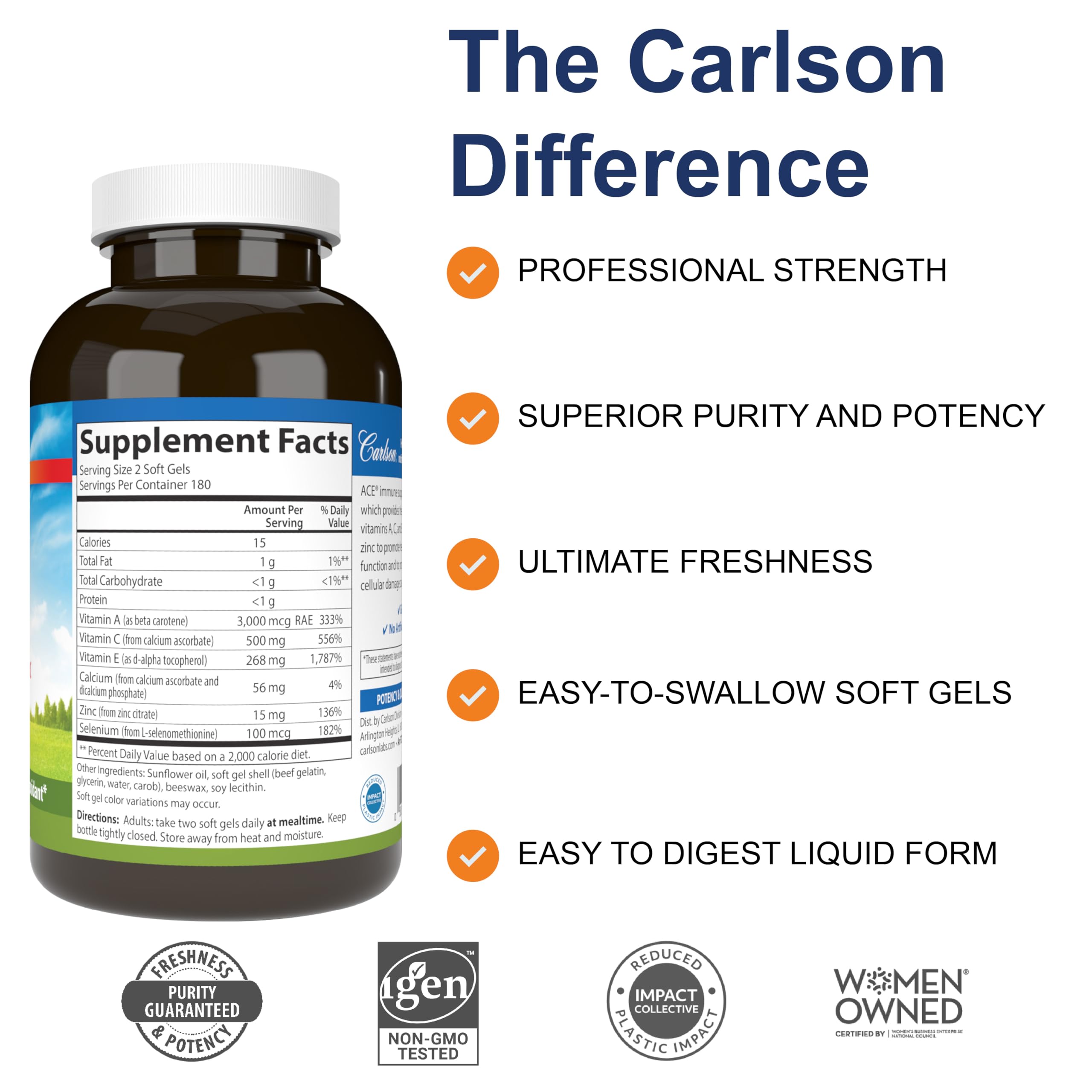 Carlson ACES + Zn, primer plano de cápsula suave, fuente de antioxidantes