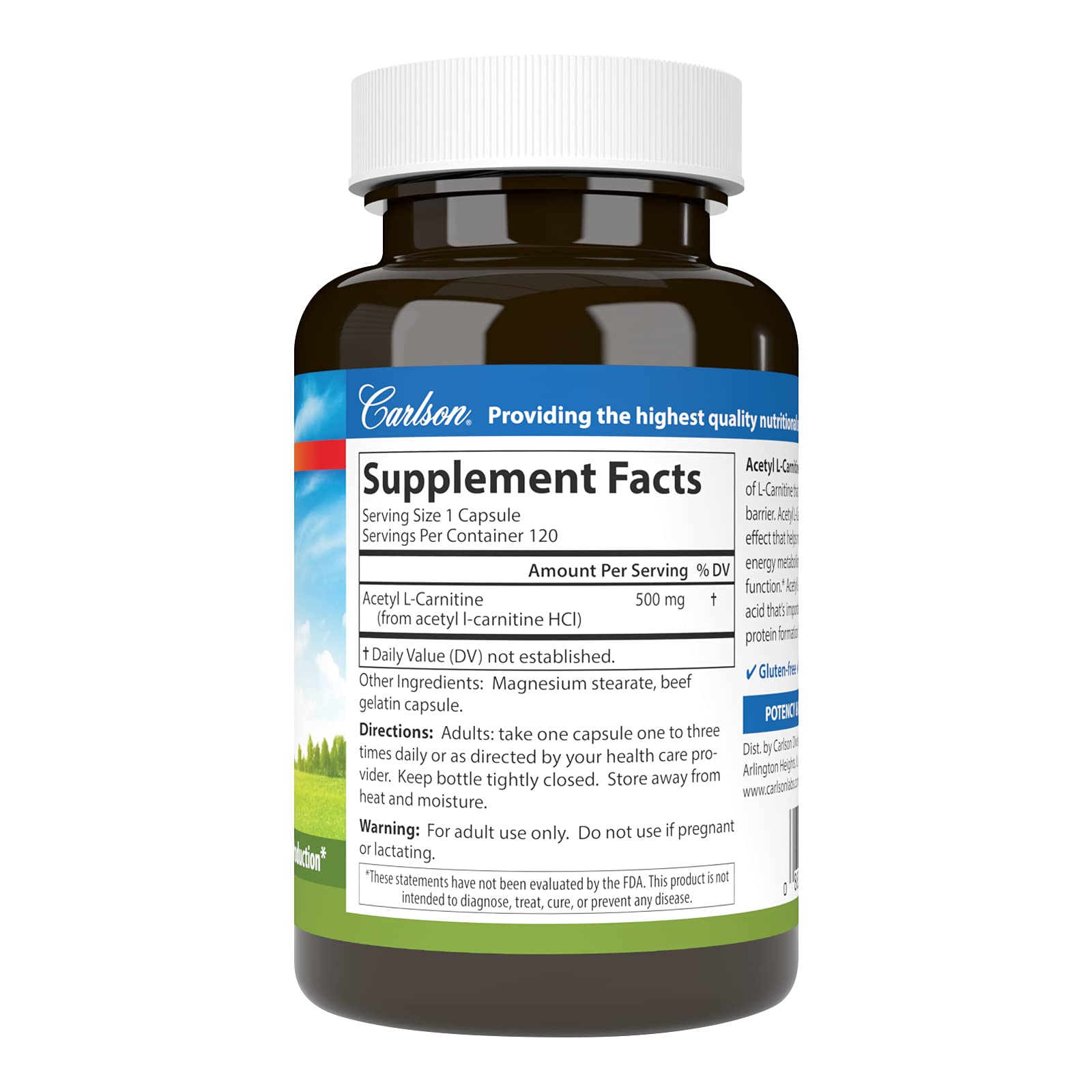 Carlson Acetil-L-Carnitina 500 mg, envase frontal, información clara para uso diario.