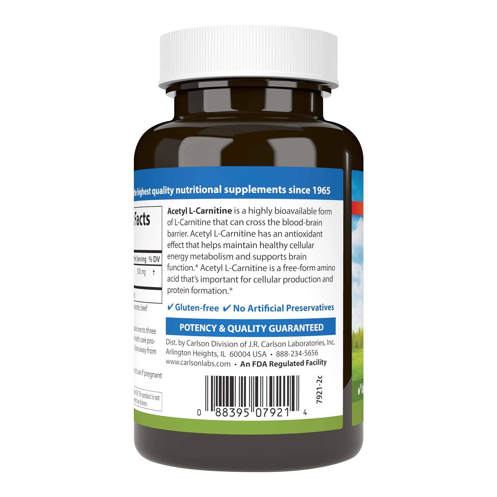 Carlson Acetil-L-Carnitina 500 mg, etiqueta informativa, apoyo discreto a la claridad mental.