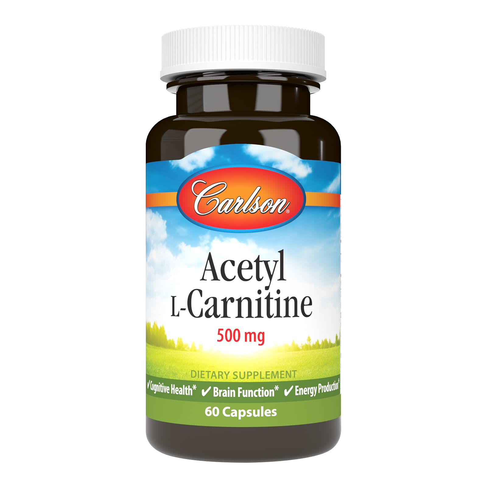 Carlson Acetil L-Carnitina 500 mg, cápsulas en botella, apoyo diario.